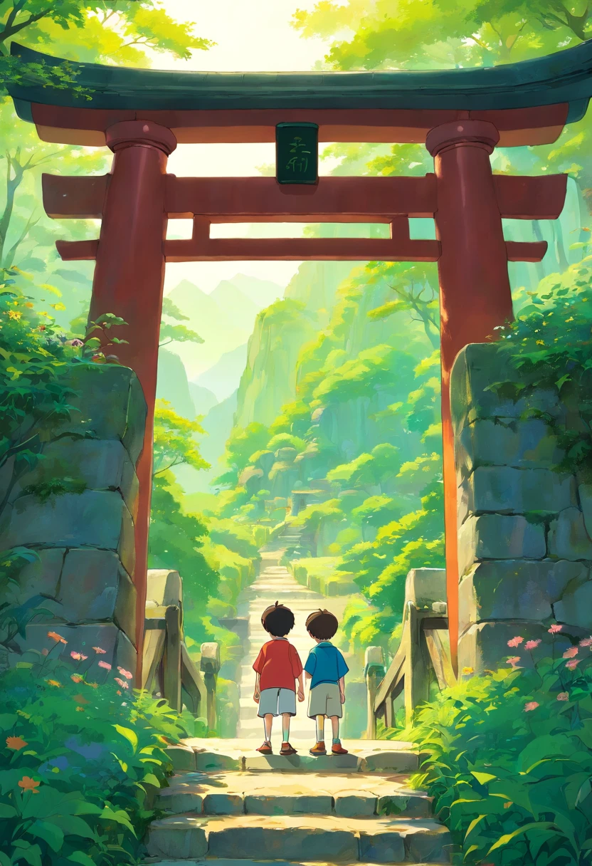 Two little boys,One tall and one short stands on a mountain path surrounded by greenery,In front of him is a Zhuang gate。Surrounded by mountains and forests