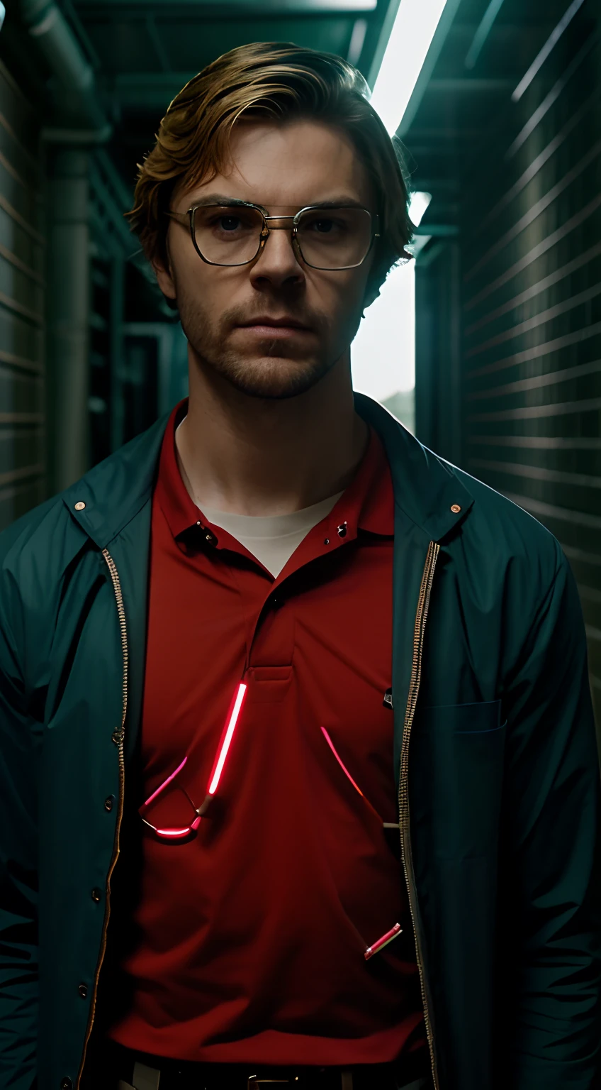 Jeffreydahmer Meio do Corpo, Standing looking at camera in front of a table with surgery instruments, in a dark basement, um muro sujo com uma junta de casos criminais, cinematic lights, photo shoot, Motor Unreal 5, cinemactic, color grading , Retratos, Ultra Grande Angular, profundidade de campo, hiperdetalhe, Beautiful color codeing, detalhes insanos, detalhes intrincados, beautiful color grading, Motor irreal, cinemactic