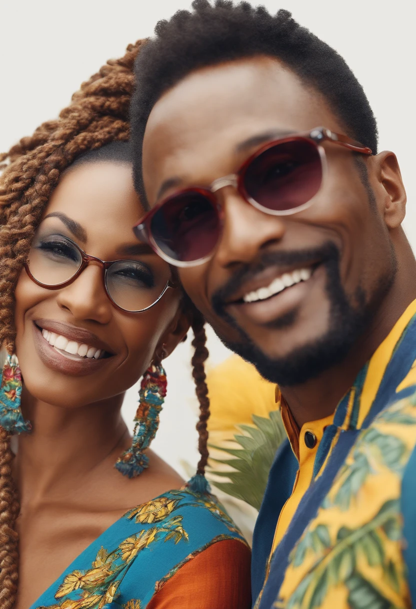 Imagine a photorealistic middle age handsome african man wearing glasses with a strong chin, short beard, ponytail hair with a tight outfit and a caucasian woman wearing glasses with a smile, colorful clothes on a plain white background