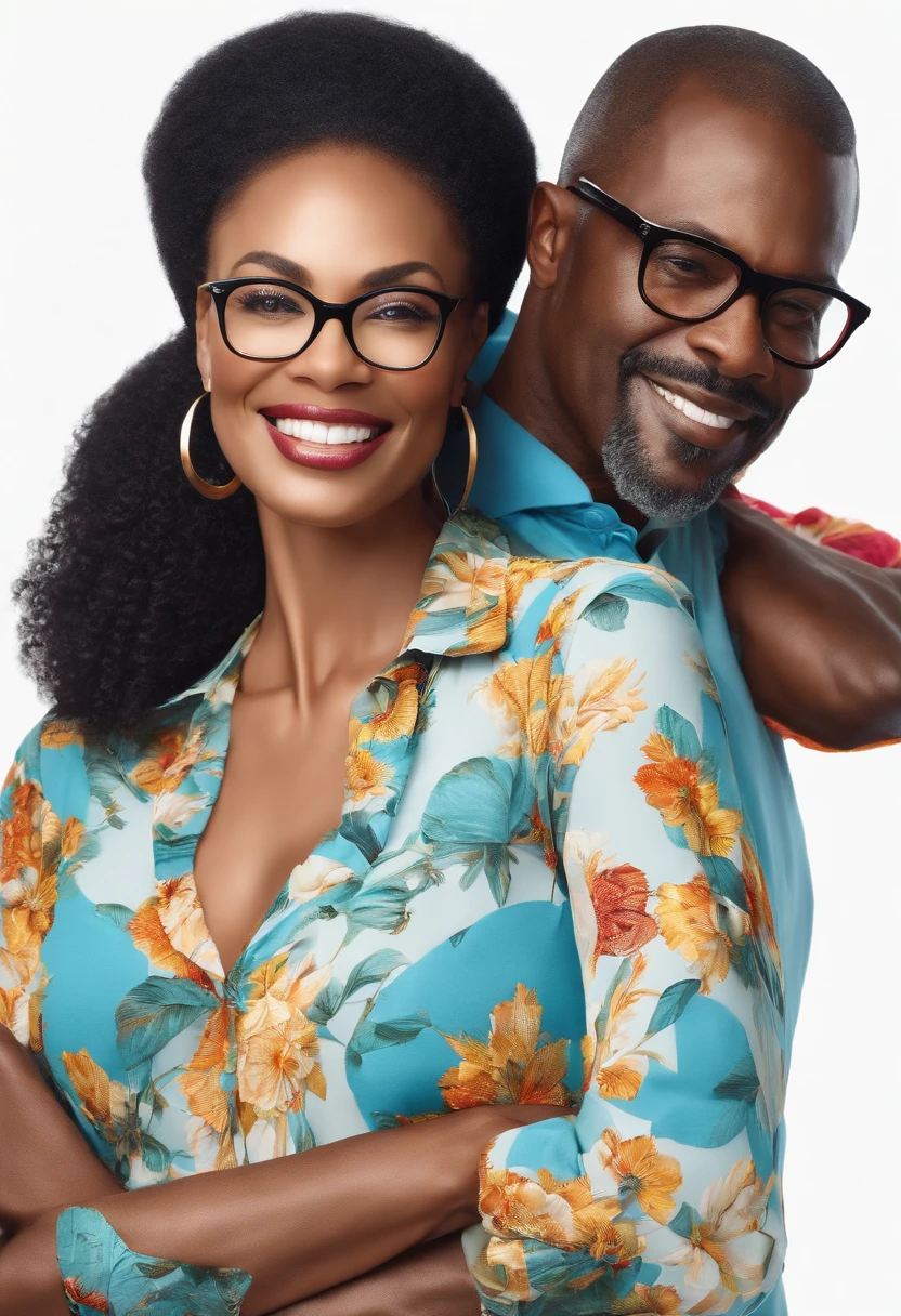 Imagine a photorealistic middle age handsome african man wearing glasses with a strong chin, short beard, ponytail hair with a tight outfit and a caucasian woman wearing glasses with a smile, colorful clothes on a plain white background