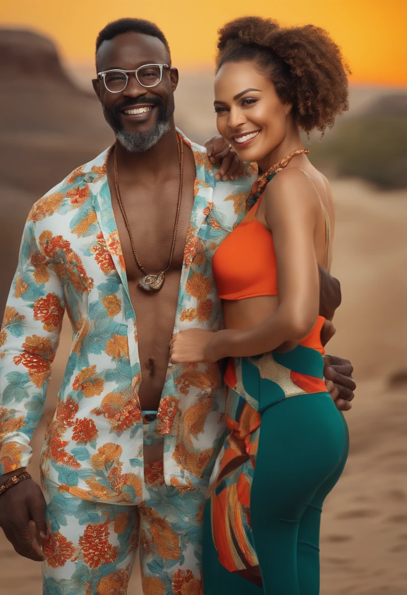 Imagine a photorealistic middle age handsome african man wearing glasses with a strong chin, short beard, ponytail hair with a tight outfit and a caucasian woman wearing glasses with a smile, colorful clothes on a plain white background