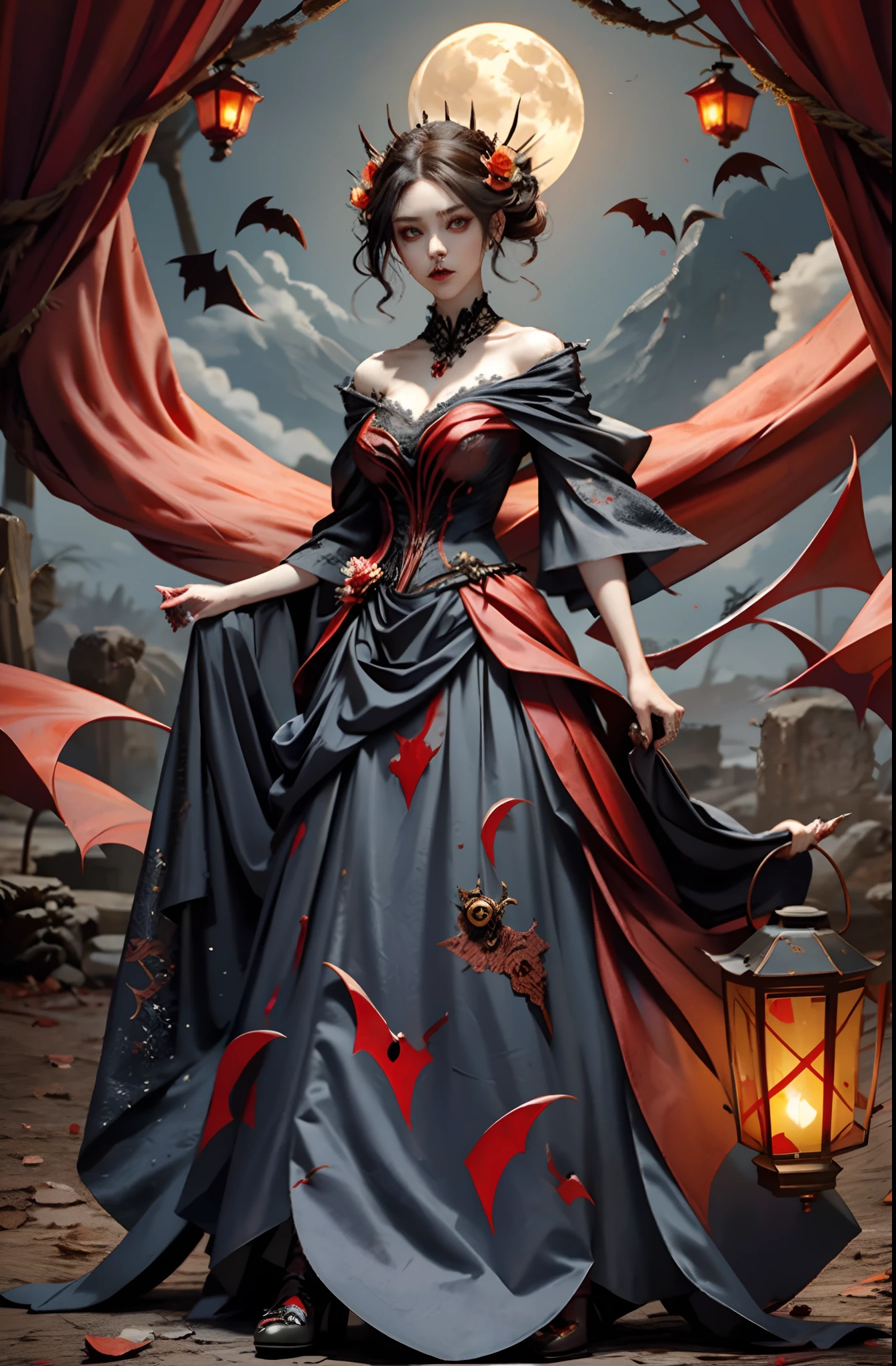 1girl,full body, Vampire vibe, blood dripping through Mouth, cinnabar enchantress, vermilion charm, yuechan_wedding_clothes, Angry look with lantern in hand, Halloween, Full moon Night, Multiple Flying Lantern in sky, Outdoor, Looking at Viewers,