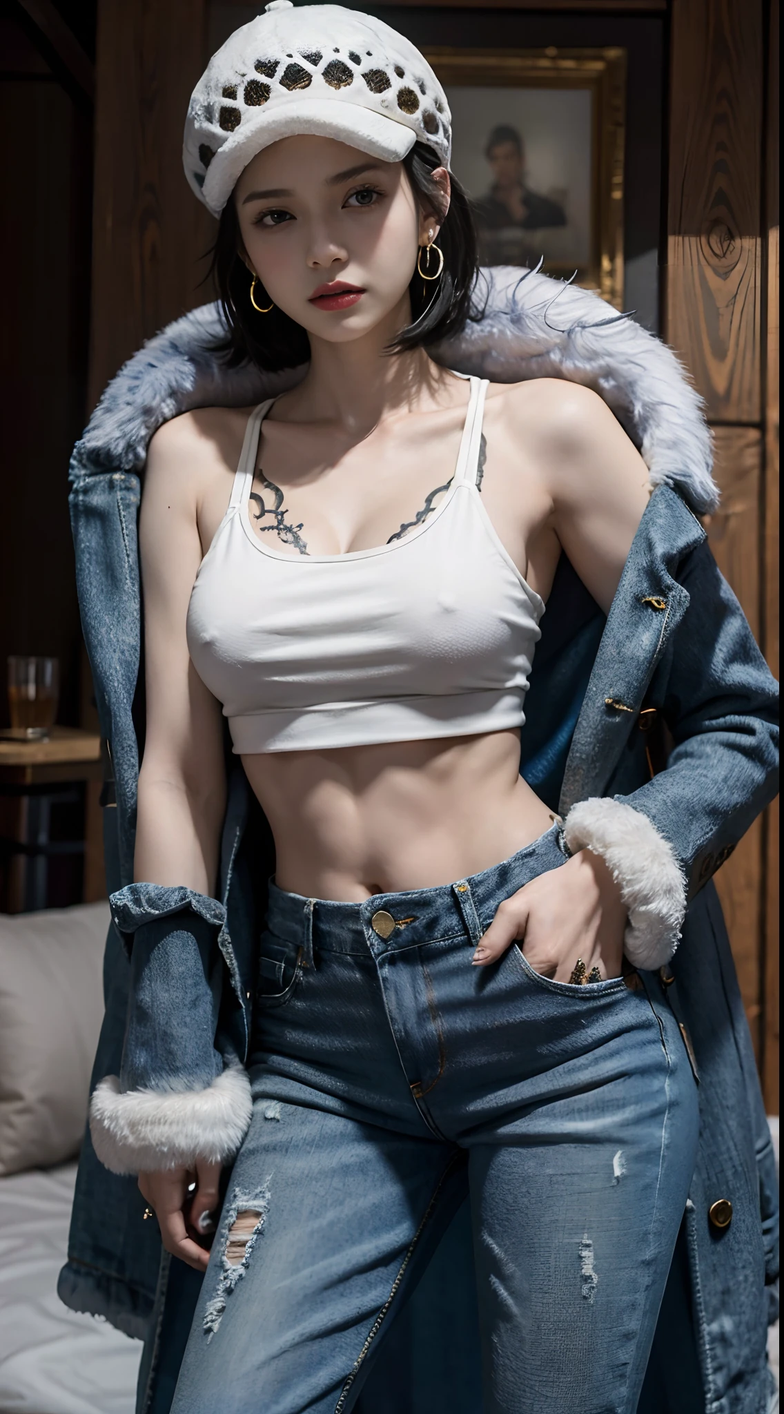 masterpiece, best quality, 8k,highestres, absurdres, extremely detailed, female trafalgar law, solo, looking at viewer, short hair, medium breasts, hat, navel, cleavage, collarbone, earrings, midriff, pants, coat, fur trim, denim, jeans, shoulder tattoo, black fur-trimmed coat, coat on shoulders, yellow tank top,