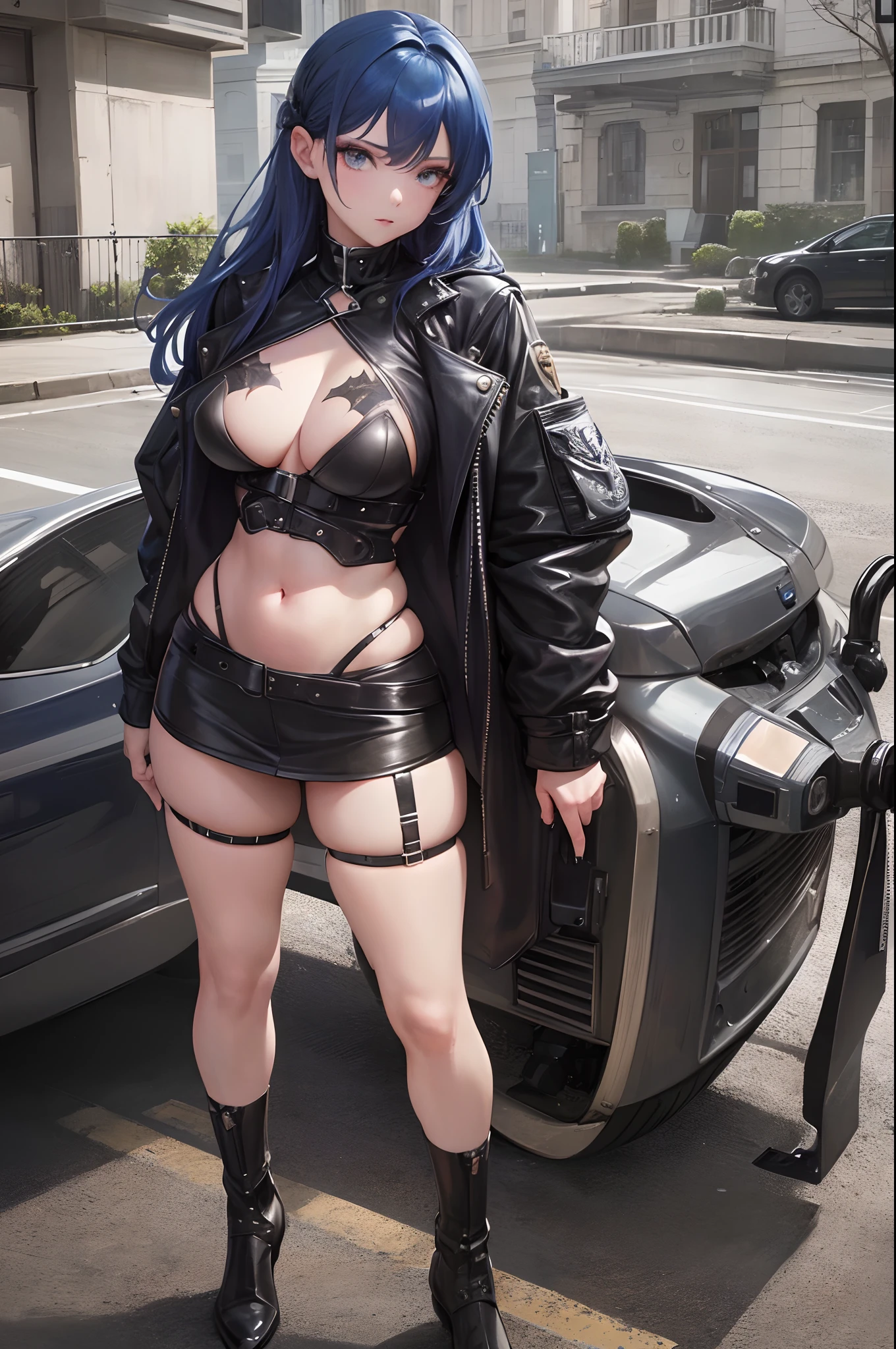 Perfect art, FHD, highly resolution, solo woman, beautiful woman, dark blue hair is short and soft, beautiful face and detailed eyes, leather short jacket, nipples patchs, she is standing, skirt, she show off her thong, black long socks, massive breasts, serious face, perfect sexy body, normal view, apocalyptic background.