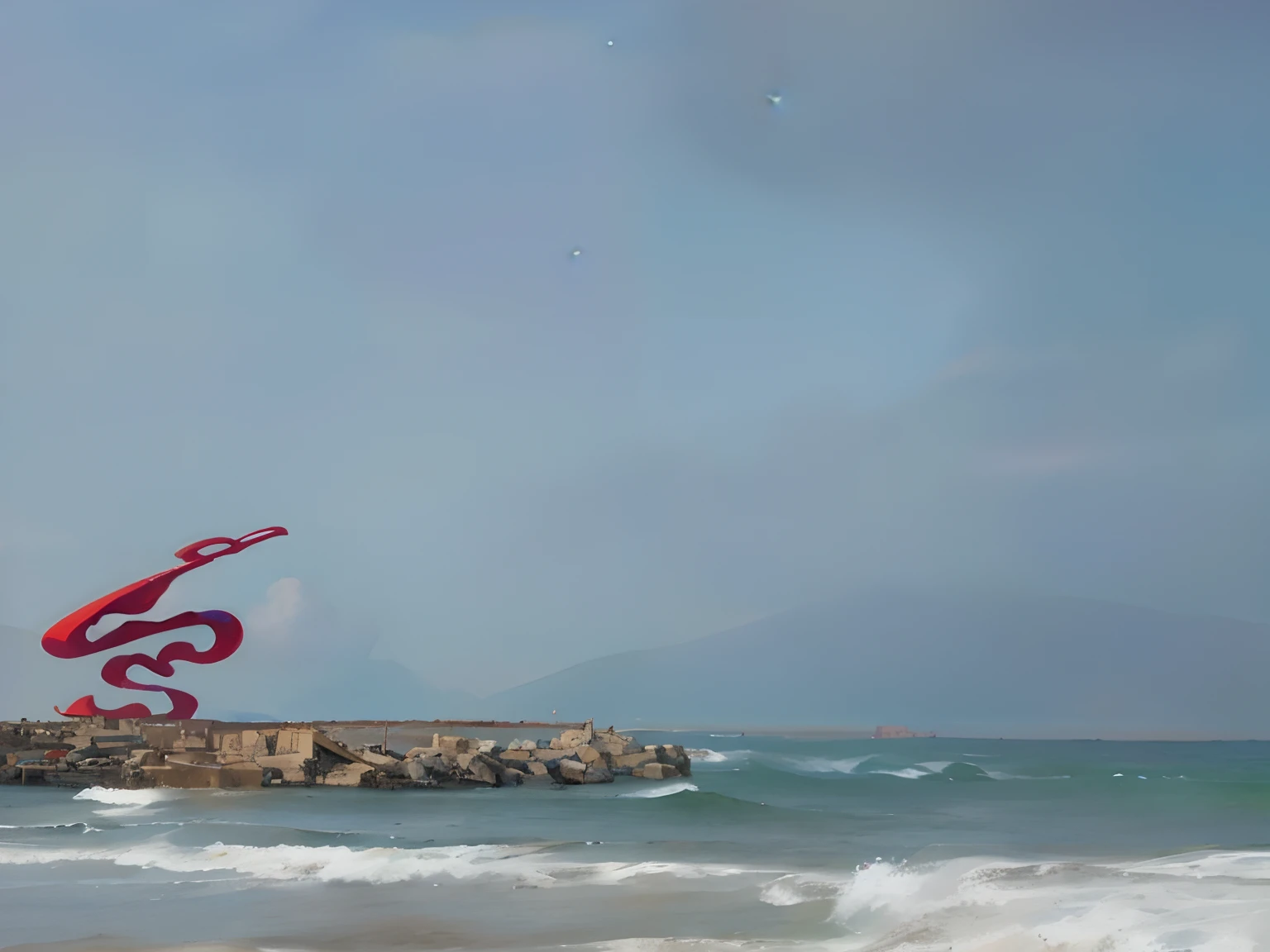 there's a red STATUE, artist's interpretation, escultura!!, Em um pier de pedra , um mar revolto com ondas grande de pano de fundo, olhando para a direita, Junto ao mar, olhando para a esquerda, Capturado no iPhone, sculpture made of water, , grande obra-prima, magnificent painting, cores vivas, nuvens e raios