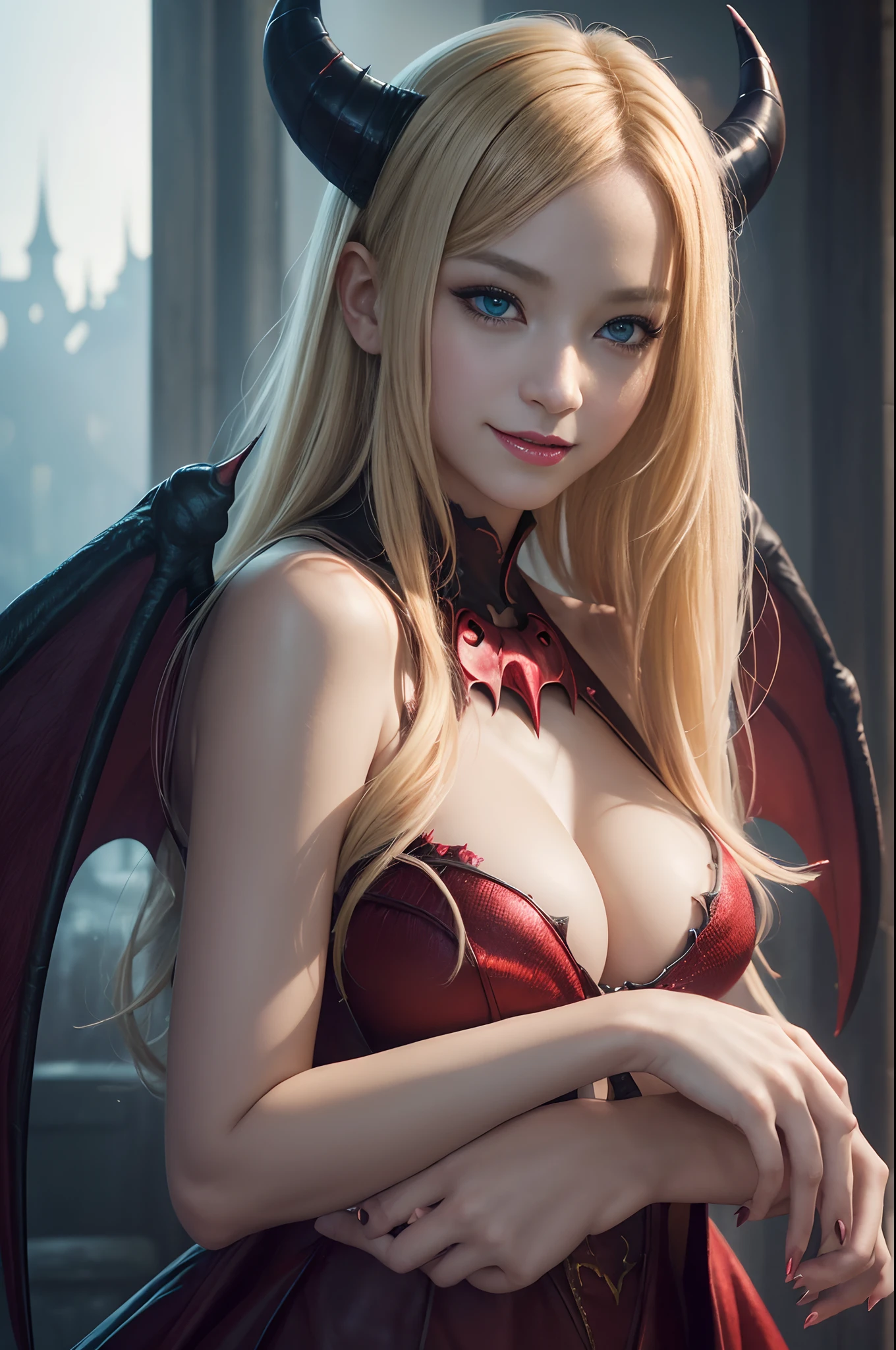 (Beautiful fece(Devil Woman:1)portraitures:1.5)Hellscape with castles and hordes of demons(((masterpiece)))、((top-quality))、sexy dress,realisitic、8K、ultra-detailliert、realisitic、landscapes、concept-art、exceptionally detailed RAW color photo、Side angle、(lensflare:0.7)、particle effect、Ray traching、cinematlic lighting、Shallow depth of field、photographed on a Sony Alpha 1、50mm wide angle lens、foco nítido、Cinematic Film Still、 dynamicposes、、(realisitic:1.3)、a blond,Bat's wings,cold smile,Sexy Succubus,Devil Lady,Glowing red eyes.