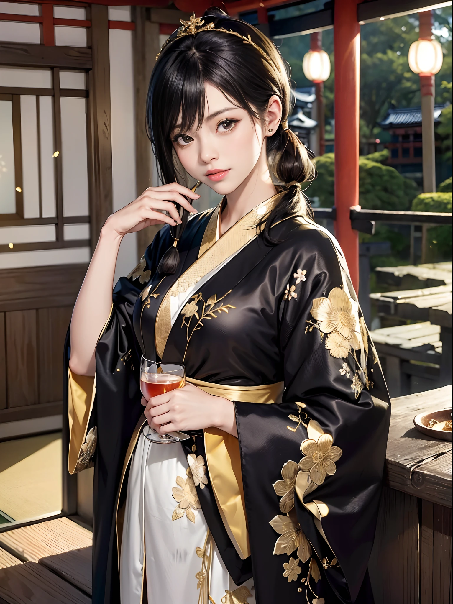 (rokoko:1.5),Background of details(Japan tavern:1.5),BREAK ,elaborate costume(Luxury kimono(Black kimono(detailed embroidery(blanche,golds)))),BREAK,(1 Beautiful and classy adult woman(Shy smile:1.2)(Japanese actressl:1.2)(glossy dark hair(poneyTail:1.2))),(eye glass(four corners:1.2)),(Drinking alcohol(Have a):1.2),BREAK,Wallpapers 16K,Blur the background,(masutepiece:1.5),(Best Quality:1.5),(Portrait photos:1.5),full body Esbian