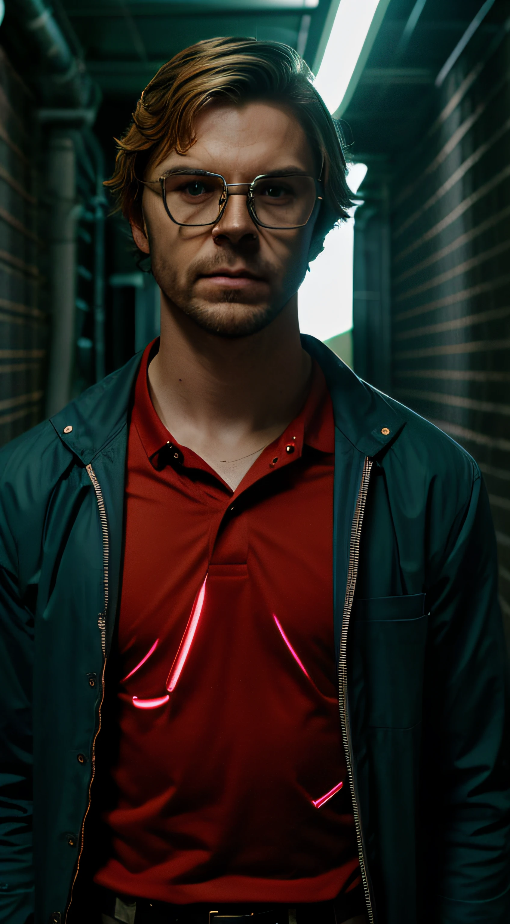 Jeffreydahmer Meio do Corpo, Standing looking at camera in front of a table with surgery instruments, in a dark basement, um muro sujo com uma junta de casos criminais, cinematic lights, photo shoot, Motor Unreal 5, cinemactic, color grading , Retratos, Ultra Grande Angular, profundidade de campo, hiperdetalhe, Beautiful color codeing, detalhes insanos, detalhes intrincados, beautiful color grading, Motor irreal, cinemactic