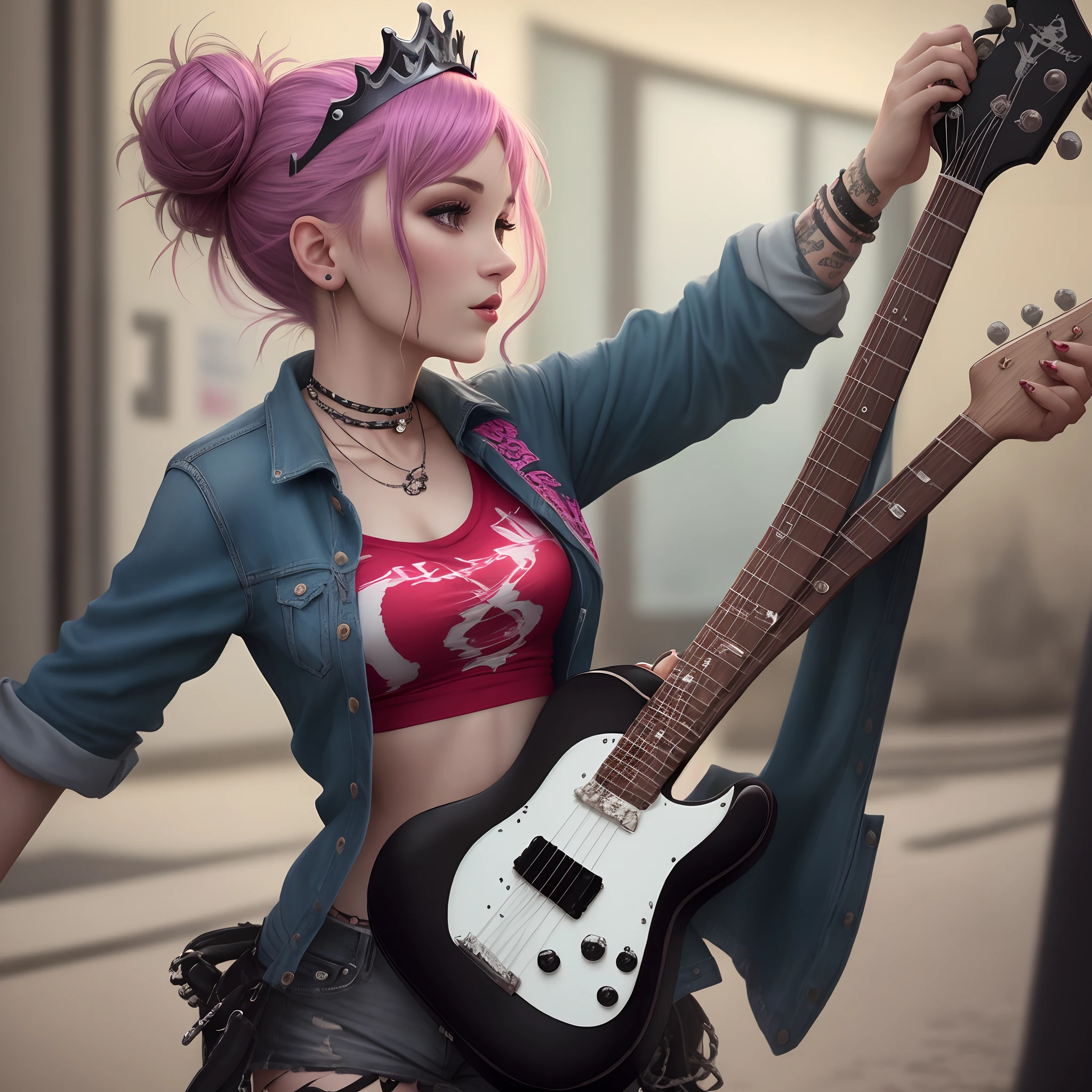 Punk rock woman with messy hair tied in a bun and a tiara
