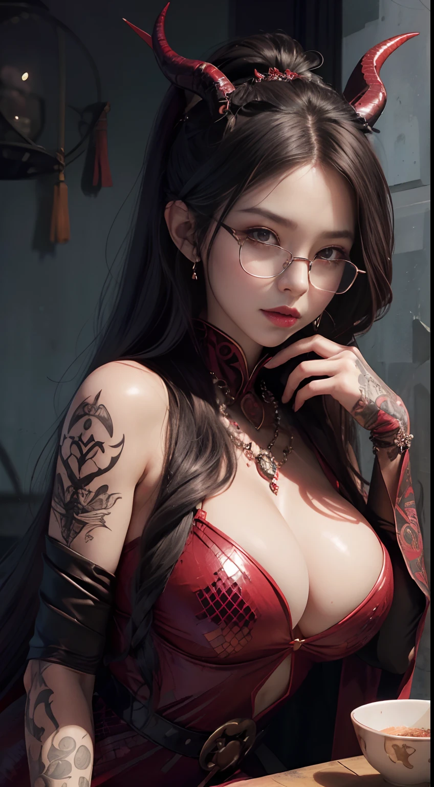 Fine、(The best illustrations)、8k UHD resolution、intricate-detail、top-quality、realisitic、ultra-detailliert、The best lighting、Best Shadows、Soft lighting、Ulutra HD、Ultra-realistic、Tindall Effect、Photorealsitic、(High Detail Skins:1.2)、 (Intricate details, makeup, pureerosface_v1:0.5), (Detailed beautiful delicate face, Detailed beautiful delicate eyes, A perfectly proportioned face, High detailed skin, Detailed skin, best ratio four finger and one thumb, arms below breasts, Tattoo with a red glow under the stomach、Awesome awesome, wide hips, smooth midriff, skiny and thin, __Fashion__, __hair__:1.25)、Digital SLR、 absurderes、1 beautiful devil woman from hell, surreal female portraits by David Hockney and Alphonse Mucha, Portrait of a seductive woman、Fantasy Art, Chinese Doll、Chinese actress、Dungeon、The dragon、Devil's Palace、Devil's Torture Chamber、natta、Dark style 、In the Dark、(Detailed spooky backgrounds:0.8), magia、 1人、Evil Nun、Dark Necromancer、Succubus、Devil's Daughter、Umi Shinonome、Bat Wings,(((Demon Horns)))、 ((((Huge glasses, Otaku Glasses, thick glasses, Round glasses)))),(((Colossal tits)))、(Devil's Tail)、(red eyes glowing:1.6)、red eyes make up very sharp and detailed, The eyes are very well made up, ((Red Eye:1.0)),intricate tattoos, demonic intricate tattoos, thigh tattoos, body tattoos, masterpiece、The most beautiful face、a baby face、Charming smile、plump beautiful red lips、Muscular seductive body、The enchanting body of the devil、devil style、Seductive Black Magic Costume、(((A shiny red snake is wrapped around her body)))、The long-haired、Braids、Black hair、Ponytail distortion、, Ponytail with a bow tied at the back of the hair, Beautiful expression、Body Up、Large breasts emphasis、Bust, Super tight breasts, Breast augmentation surgery, The breasts are very big and round and round,Toned waist、Wide buttocks、 lowkey, cowboy lens, (red phoenix dress: 1.0), devil crown, Red sparkling gemstone necklace、Jewelry Gwise, wearing black mesh socks,wearing a thin red and