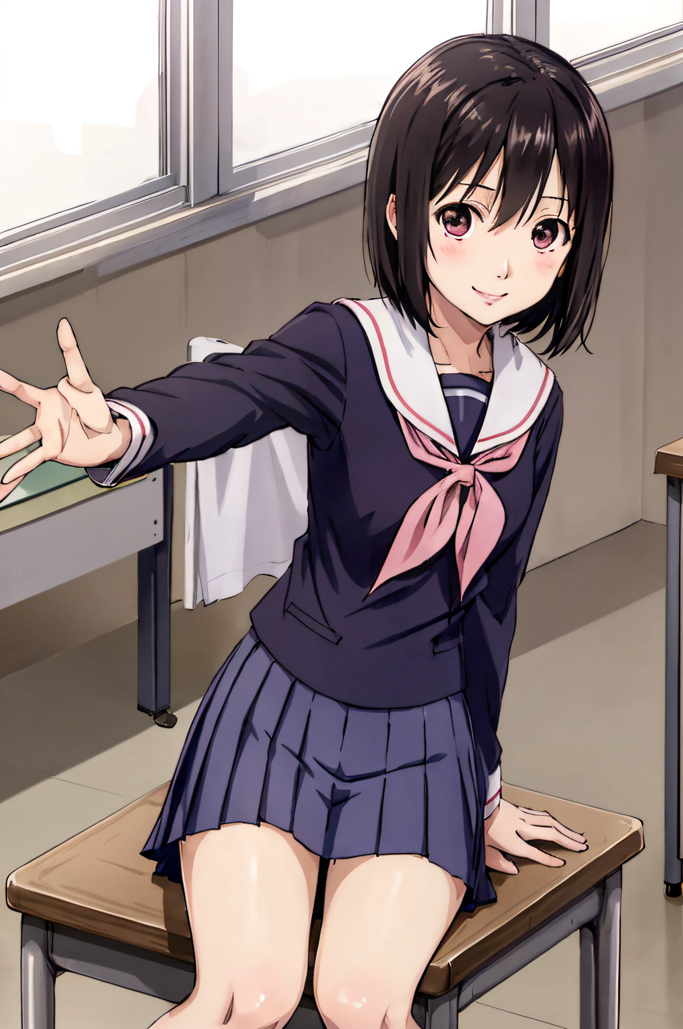 nakahara_misaki、a sailor suit、White blouse、Pink tie、Dark blue pleated skirt、Classroom、lonely、The best smile、sitting on、Panties are visible、Waving one hand