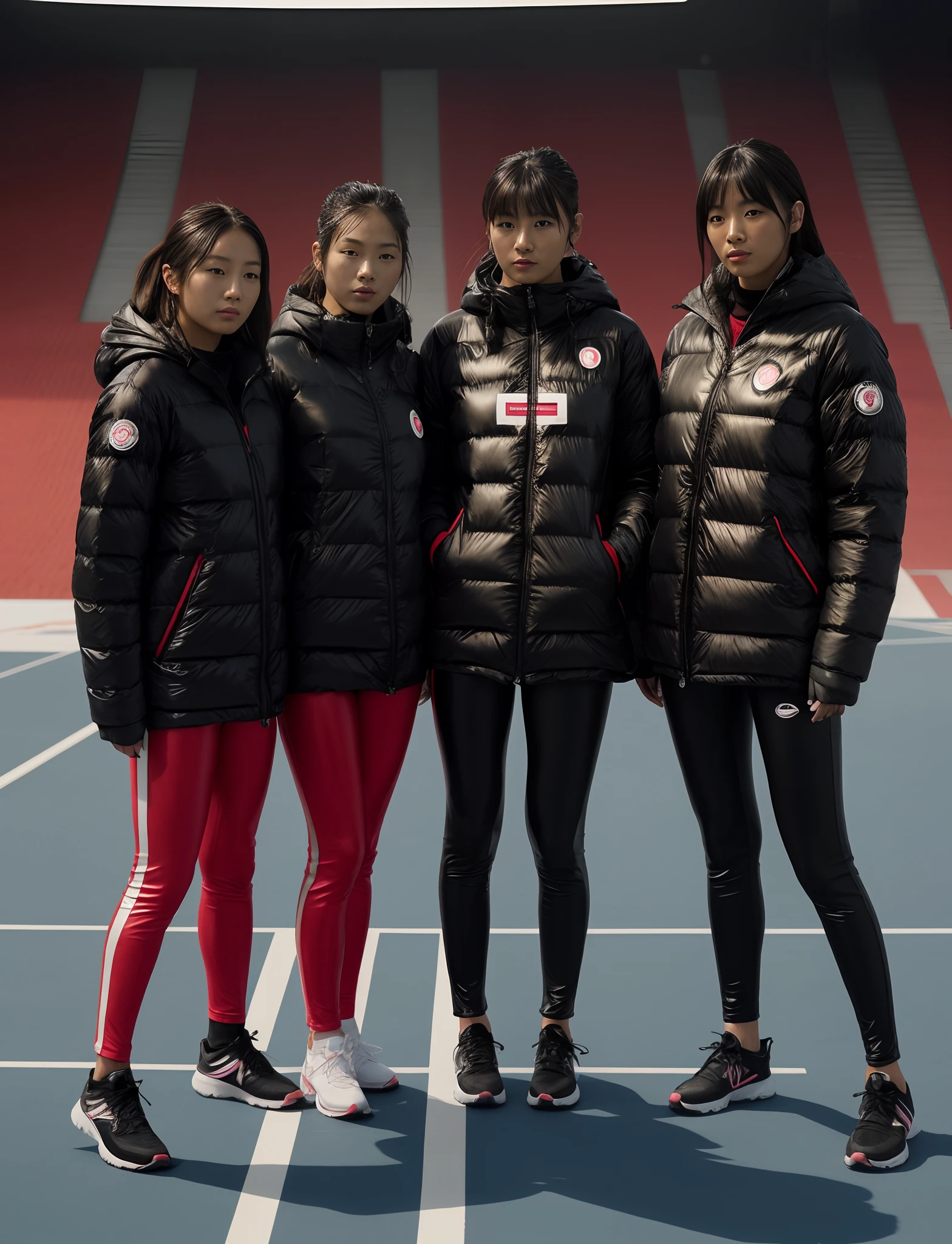 japanese girls in laquered puffer coats and shiny vinyl leggings, vinyl leggings, moncler coats, shiny down coats, laquered downcoats, high shine laqplastic coats, laquered Moncler downcoat, high shine laquered coats, moncler, four women in black down jackets standing on a blue field, godesses, 💣 💥💣 💥, professional sports style, 2 techwear women, sports clothing, wearing japanese techwear, official, sport clothing, 🤬 🤮 💕 🎀, black and red only, 💣 💥, illustration:.4, wearing track and field suit, ƒ / 2. 5