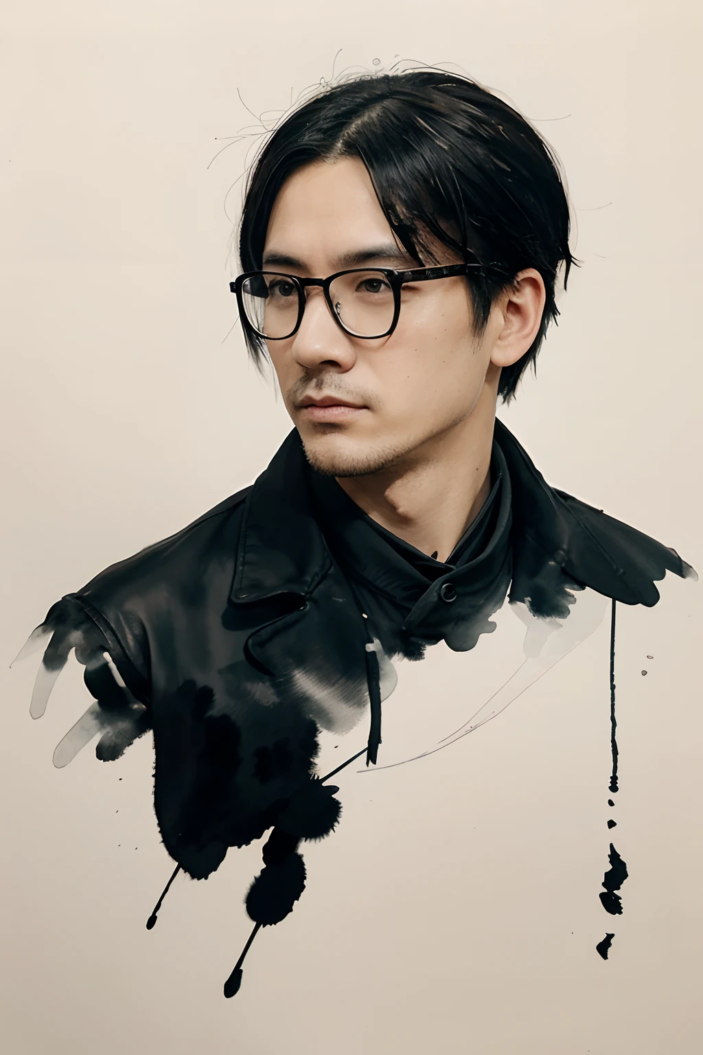 Ink painting of a man with messy hair and glasses, In the style of ink painting, Subtle ink painting style, Ink painting in the style of realism, Semi-realist ink painting style, Painting in ink style,Ink Painting Officer, Tsutomu Nihei style, Clean and detailed ink painting style, Praise Artstyle, Inspired by Chinese aesthetics,Ink painting style,The color is light plain,Big head