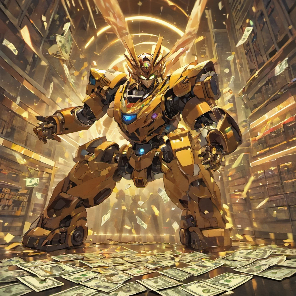 a small robot, criado com arduino, with pistol in hand, Rolling over dollars on the floor. on the Robot's chest, escrito "KIT ROUBÓTICA"