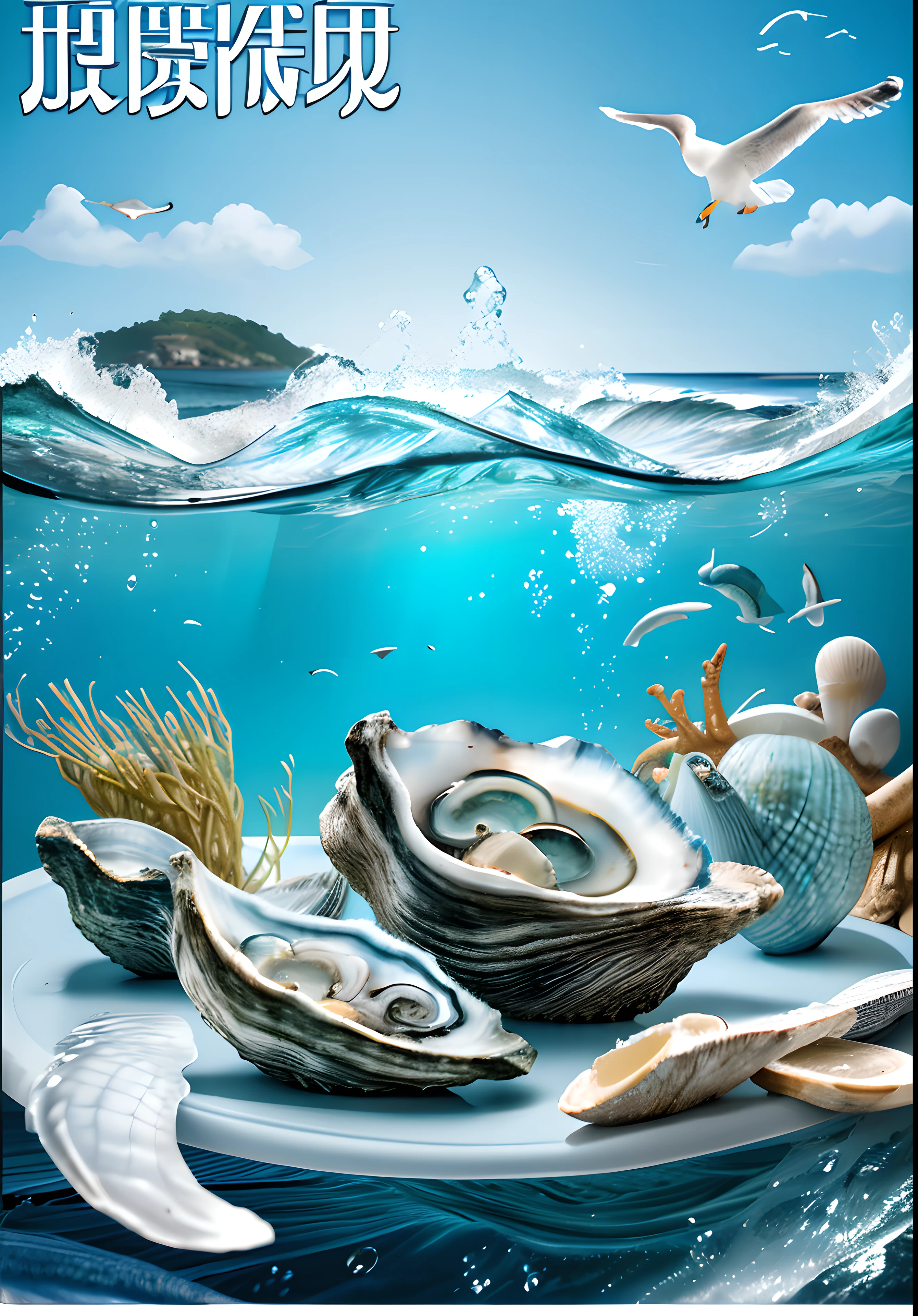 Oyster shop poster design, seaside environment, ocean theme, oyster display, seafood elements, blue tone, wave pattern, shell shape, seagull flying, fresh atmosphere, oyster close-up