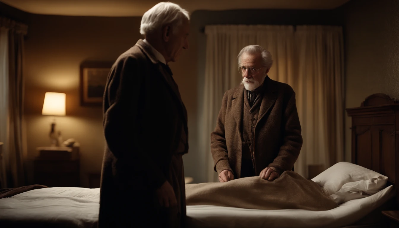 The doctor next to the bed, the patient is an old man, standing around is the grandchild and the old man