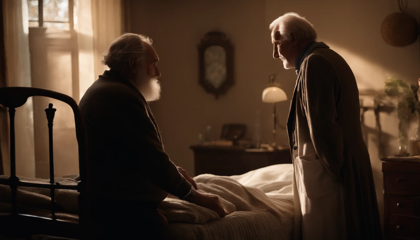 The doctor next to the bed, the patient is an old man, standing around is the grandchild and the old man