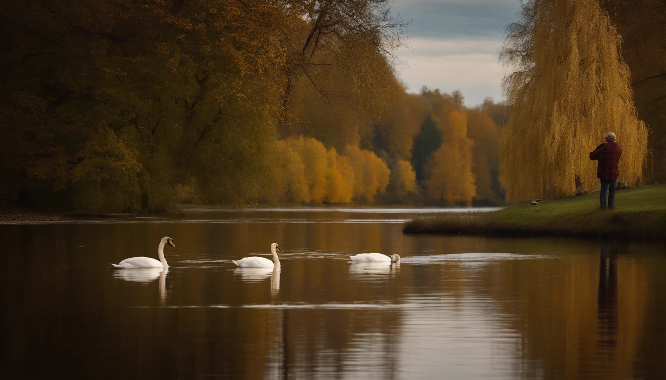 The old man and the university student were fishing on the lake shore and watching the swans