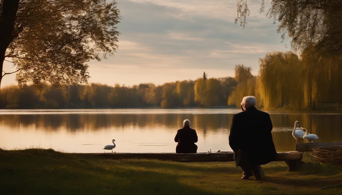 The old man and the university student were fishing on the lake shore and watching the swans