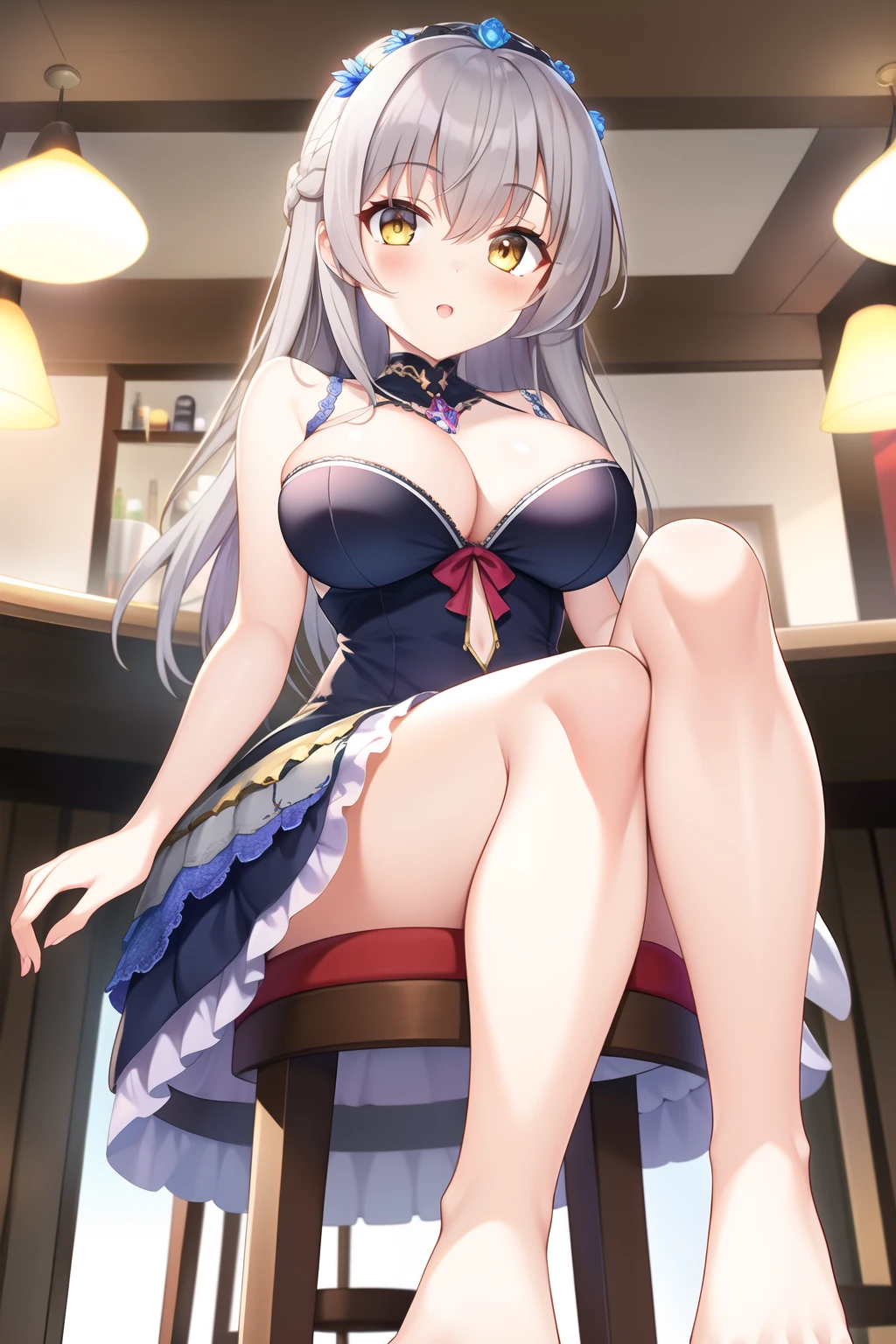 1girl, breast, grey hair, Yellow eyes, smile, :o, bar stool, (sit), from below, looking at viewer, dress, (toes), foot focus, (Intricate Iris Details)