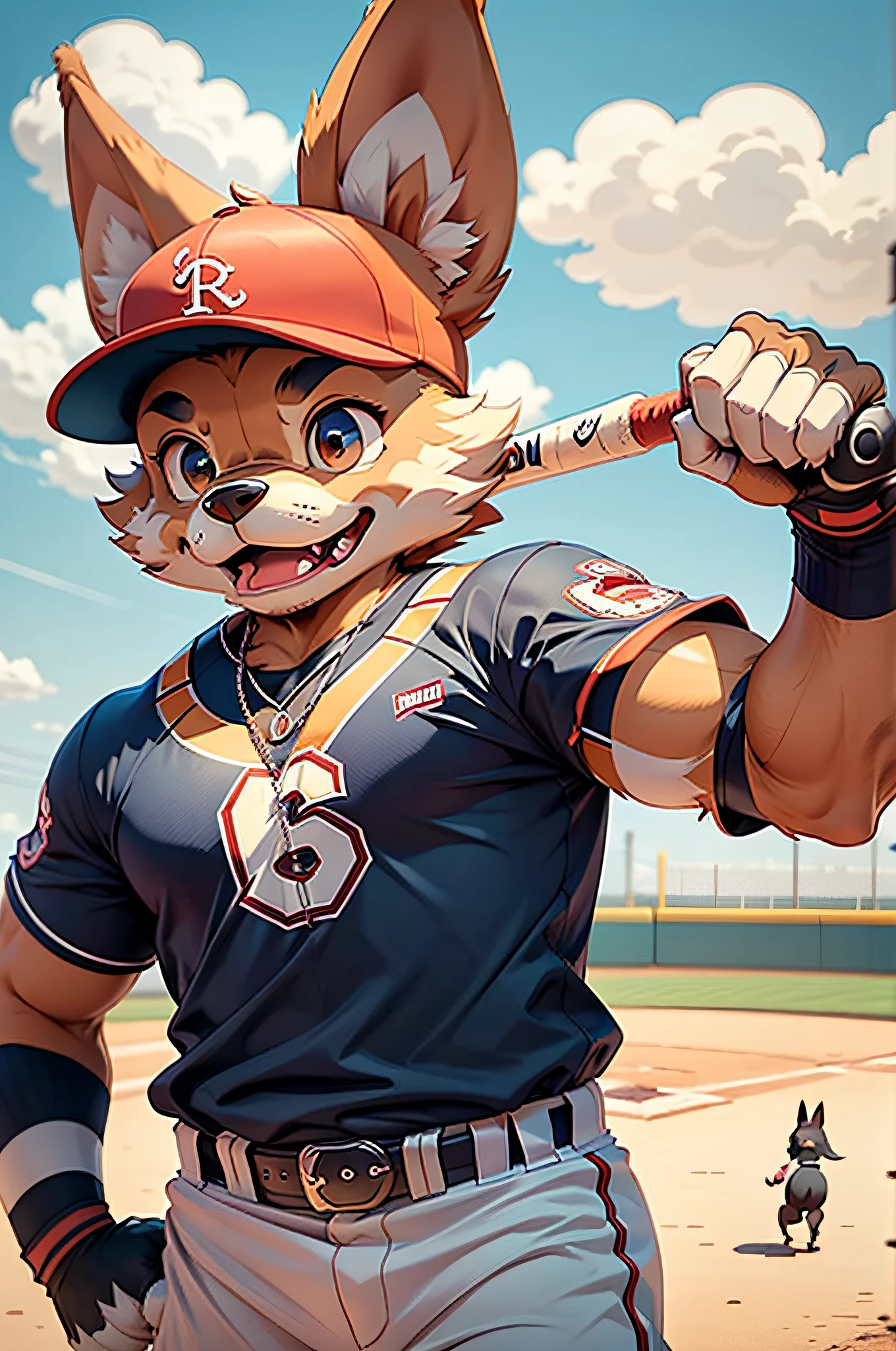 Cartoons of baseball players during a game、Anthropomorphic Doberman dog