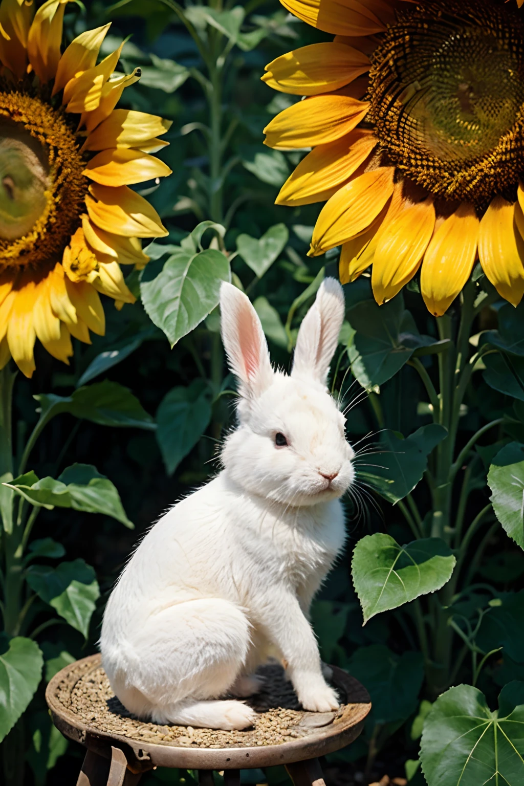 cute small white rabbit sitting under sunflower