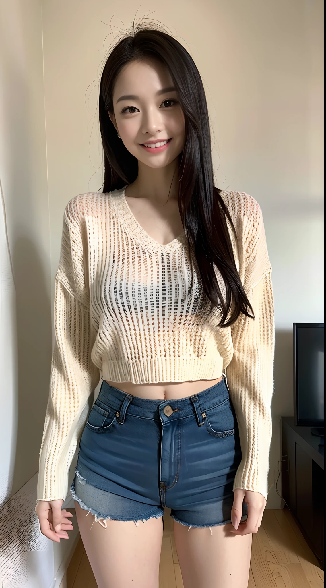 (((full bodyesbian)))、((ExposedTShirt))、((1a person))、sunlight、Close to the subject、(((Cute apartment room for girls)))、(((ssmile)))、(((Super short knitted hot pants)))、((Extraordinary Beauty))、((kawaii pose))、Photorealsitic、Beautiful detailed eyes、Hyper-Realism、highcontrast、Ultra HD、realistic skin textures、Top image quality、top-quality、超A high resolution、Fine details、Very meticulously