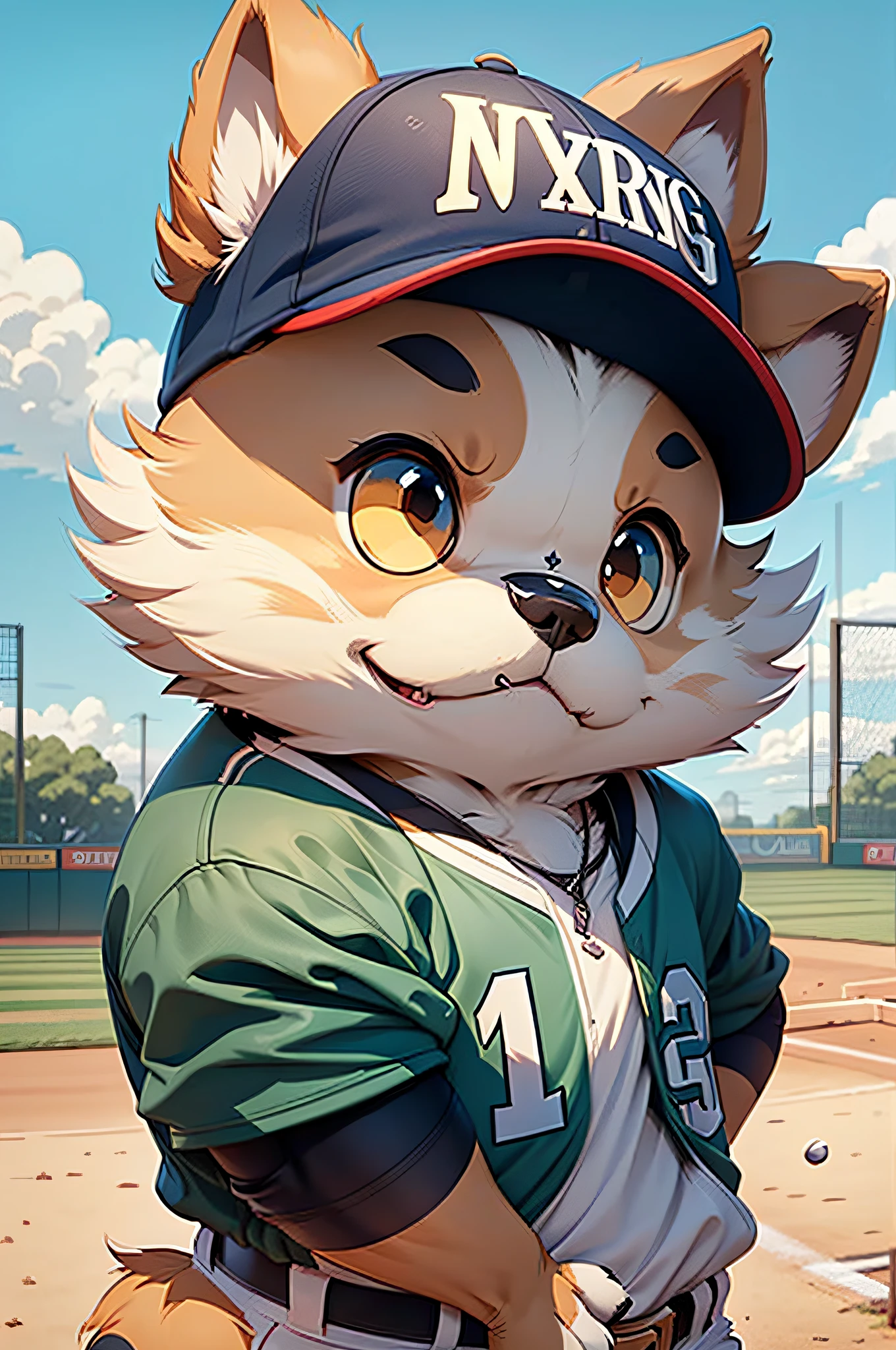 Cartoons of baseball players during a game、Anthropomorphic Shih Tzu Dog