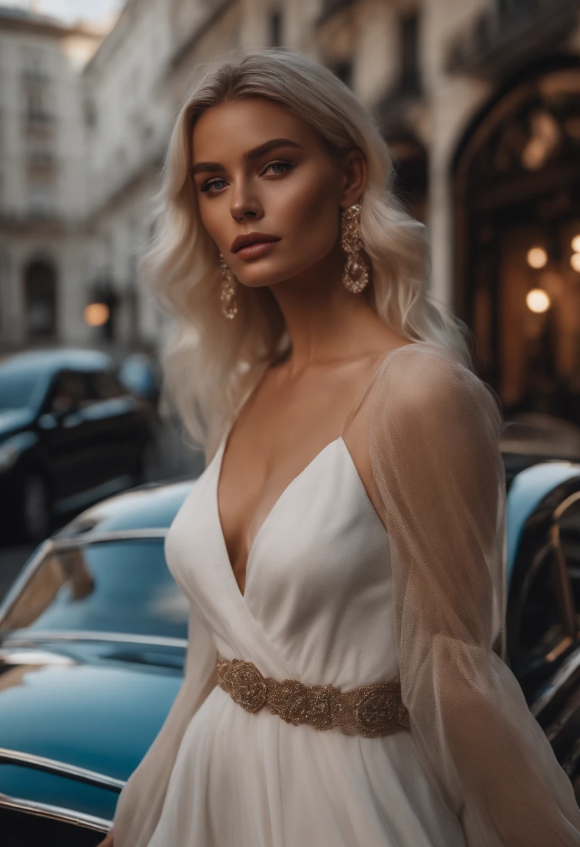 Realistic white female Instagram influencer, Best quality, Blonde, 1 fille, yeux bleus, en robe courte moulante blanche, sors d'une voiture de luxe et marche jusqua'a son hotel de luxe