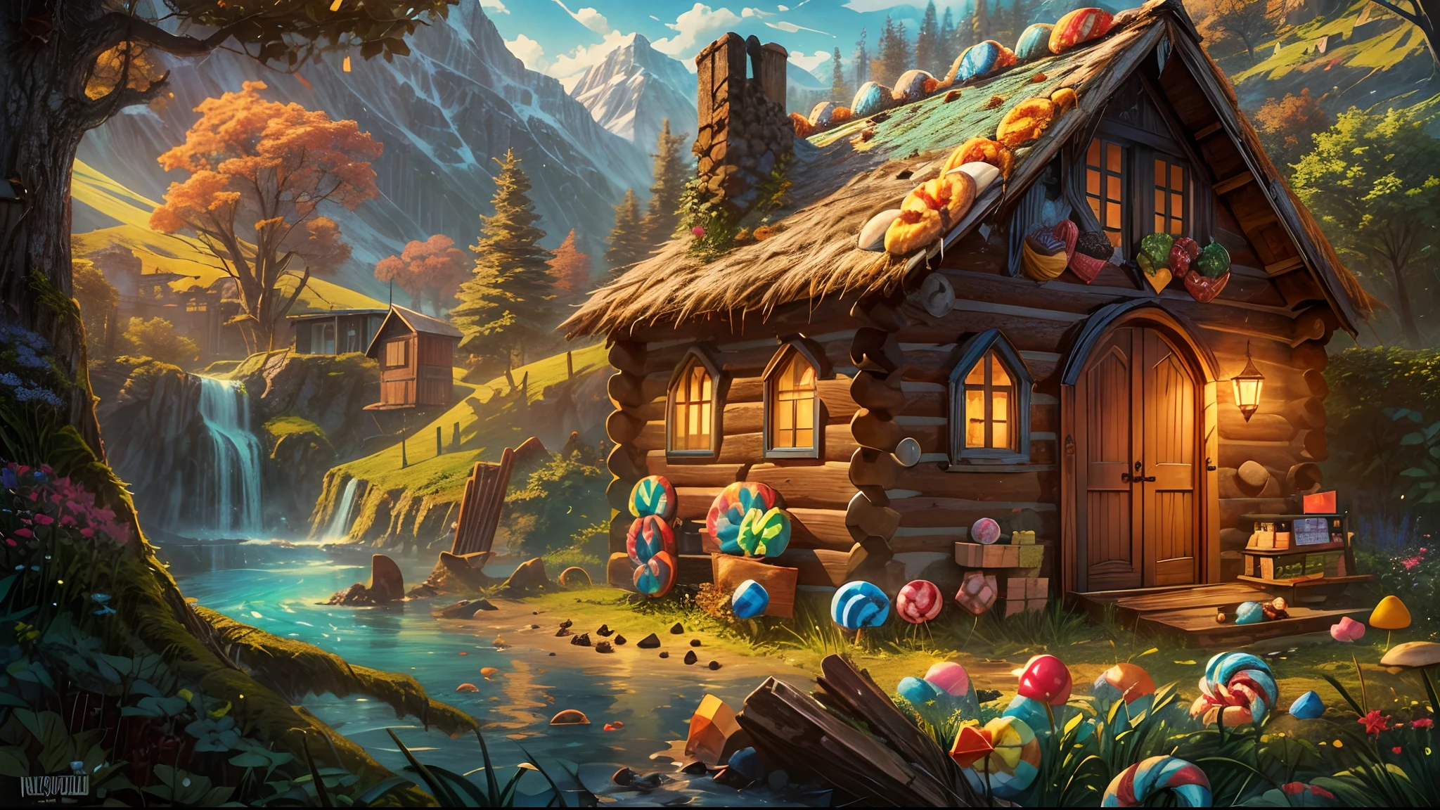 concept art, (cabin of candy and cookies:1.5), mountain lake, vibrant multicolored illustration, magical array, Highly Elaborate, Extreme Detail, Viking, High Fantasy, D&D, Rivendale style, (by WETA, Lord of the Rings, BROM, Greg Hildebrandt, Dr. Seuss), 8k, UHD, HDR, (Masterpiece:1. 5), (best quality:1. 5)