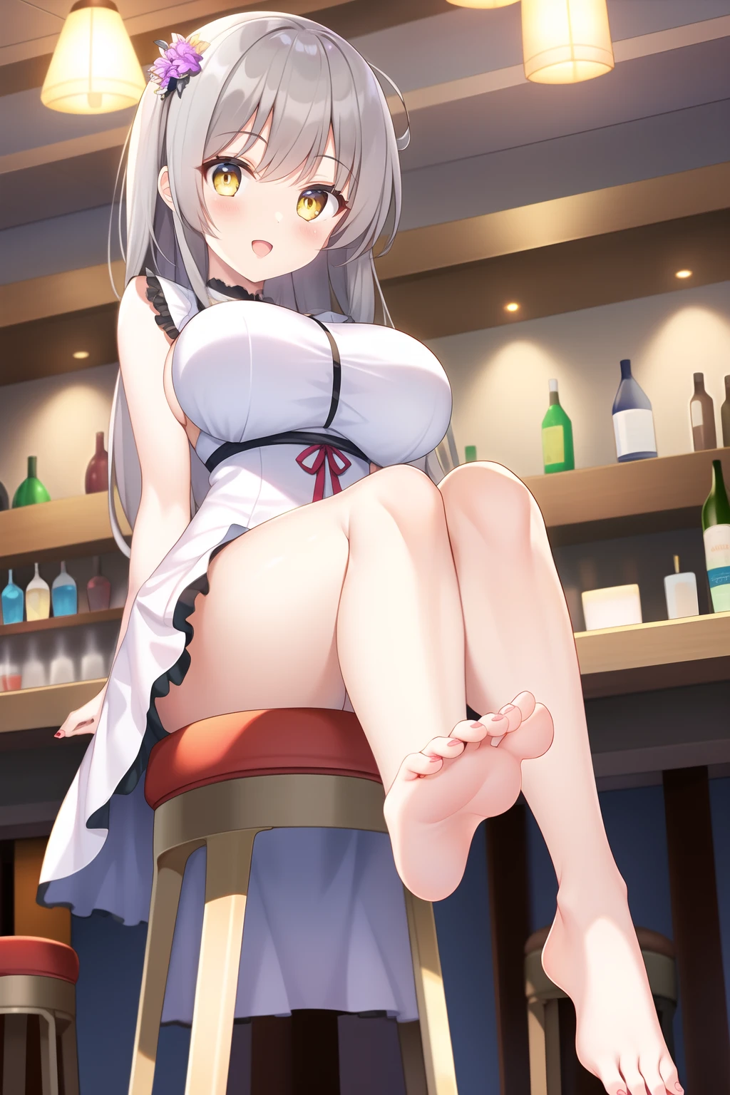 1girl, breast, grey hair, Yellow eyes, smile, :o, bar stool, (sit), from below, looking at viewer, dress, (toes), foot focus, (Intricate Iris Details)