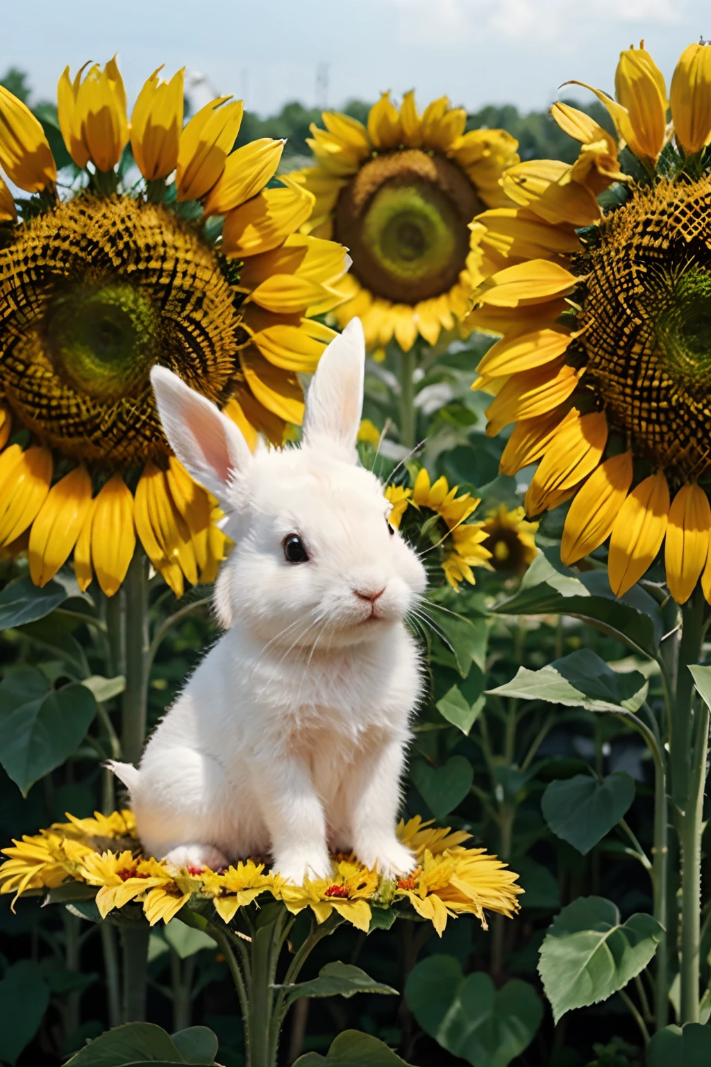 cute small white rabbit sitting under sunflower