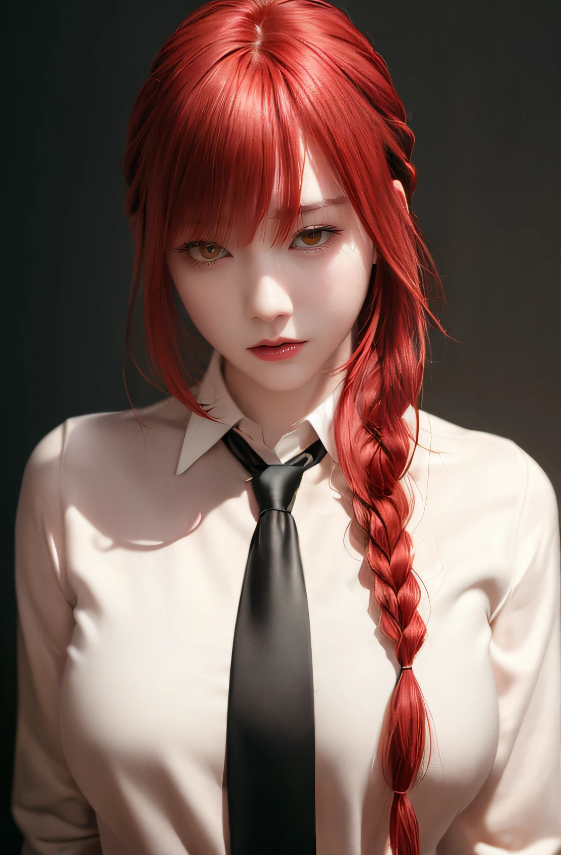 masterpiece, (photorealistic:1.4), best quality, beautiful lighting,
(ulzzang-6500:0.5), makima \(chainsaw man\), (red hair)+(long braided hair)+(bangs), yellow eyes, golden eyes, ((ringed eyes)), (white shirt), (necktie),
RAW photo, 8k uhd, film grain, blush, LIPS, open mouth, tongue out, saliva, smile