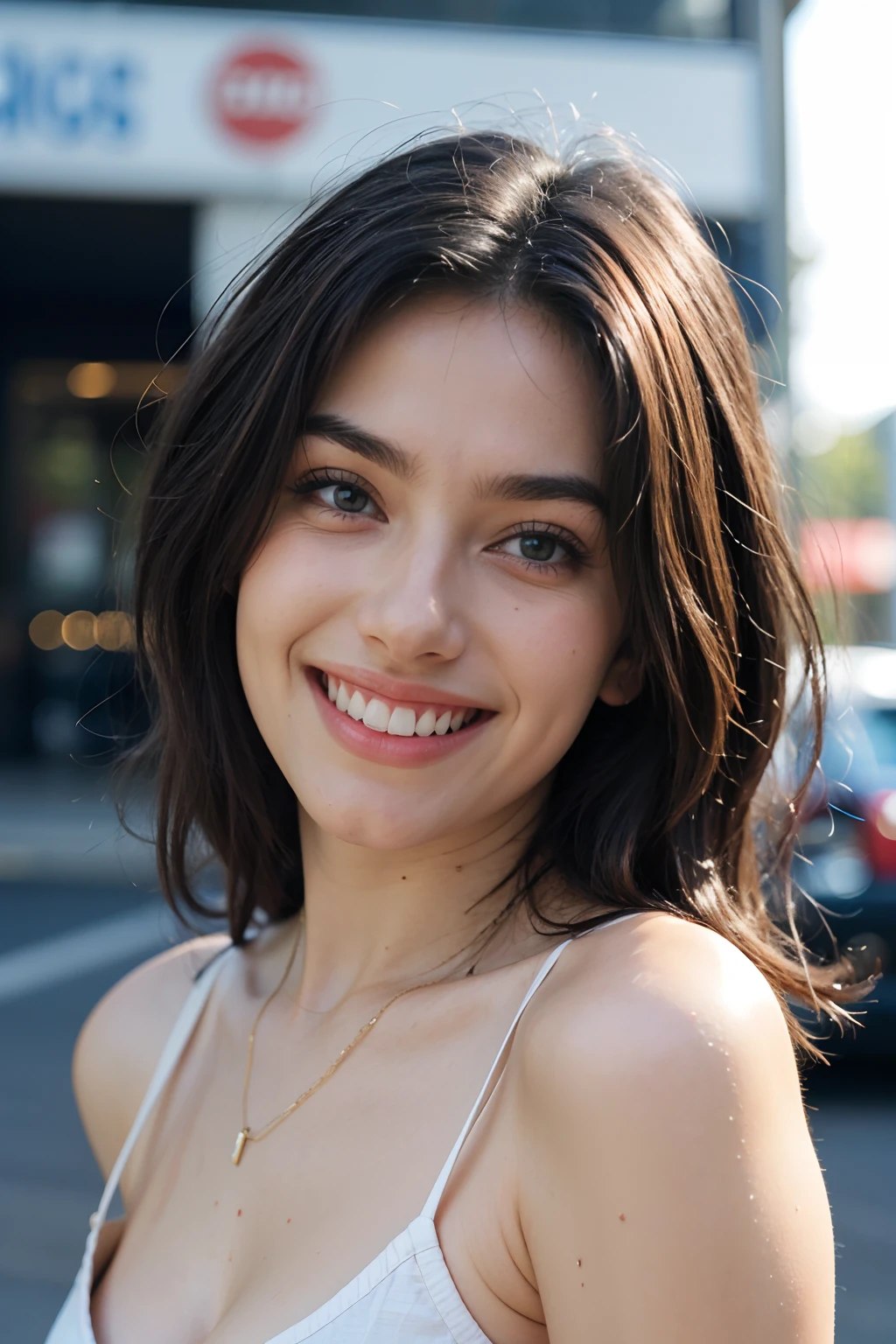 Hyper realistic portrait, ultra-detailed,(realistic,photorealistic,photo-realistic:1.37),Stunning Gaia Nobile, (((dancing))) 18 years old,brown hair,blue eyes,big chest,natural skin tone,skin imperfections1.33, (((laughing, really stoned))), dynamic angle, Kodak proma 400 analog machine, ISO100 F1.4 film grain1.33