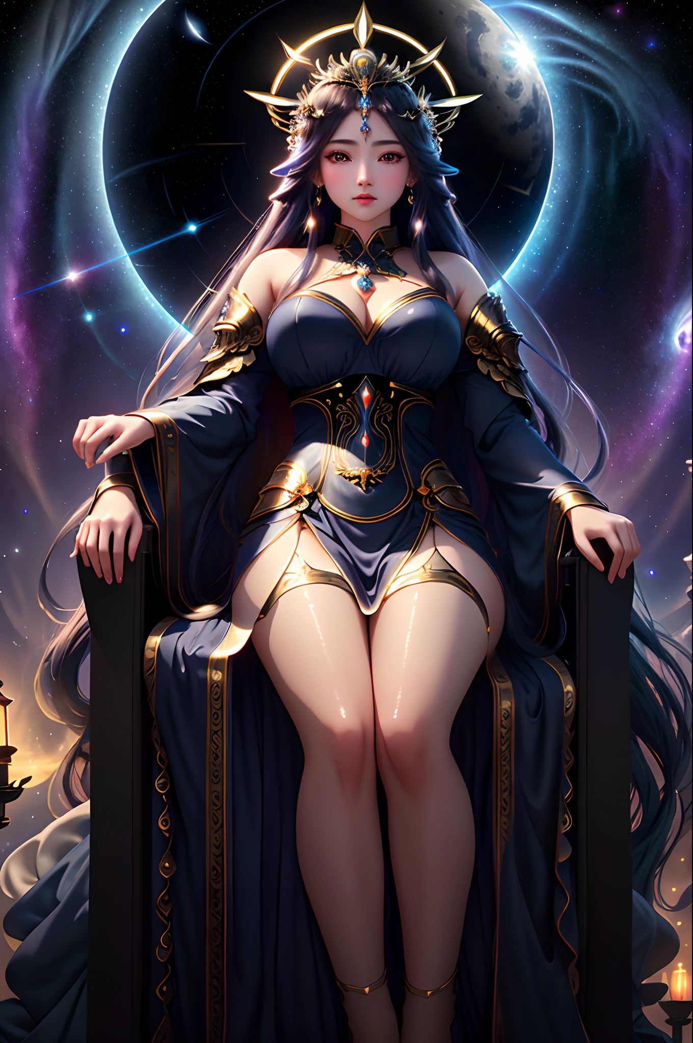 masterpiece, 8k, dslr, ultra-high quality, perfect face, flawless, clean, ((a goddess of death in Galaxy Blue outfit, dark aura, godly, intimidating)), sitting on Throne, Flying Lantern,Big Moon behind Throne,outdoors, looking at viewer, very long hair, hair ornament, jewelery, red eyes, ultra-detailed eyes, cinematic, ultra-high resolution, ultra-high detailed, high-definition,