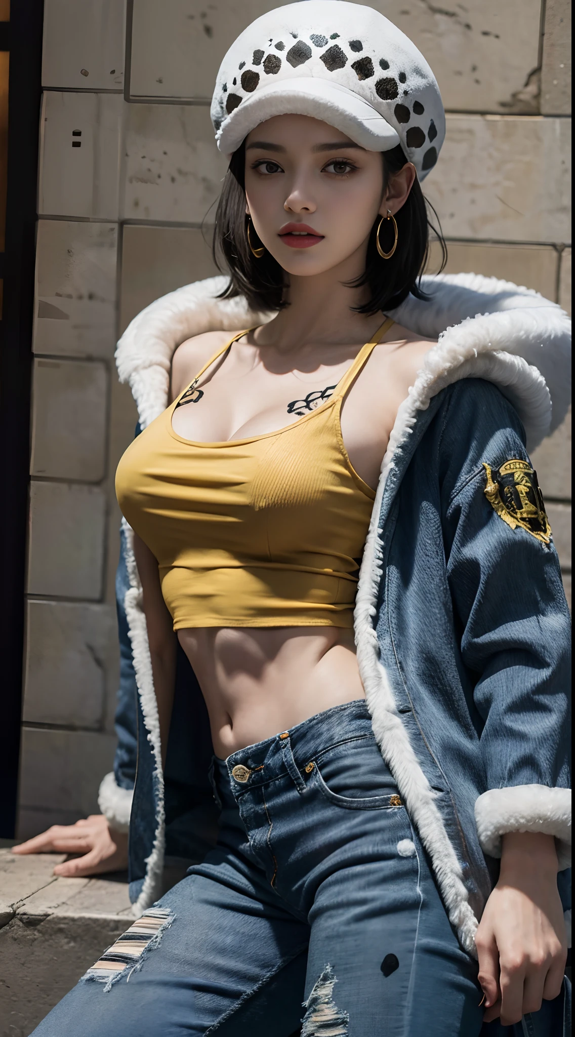 masterpiece, best quality, 8k,highestres, absurdres, extremely detailed, female trafalgar law, solo, looking at viewer, short hair, medium breasts, hat, navel, cleavage, collarbone, earrings, midriff, pants, coat, fur trim, denim, jeans, shoulder tattoo,   black fur-trimmed coat, coat on shoulders, yellow tank top,