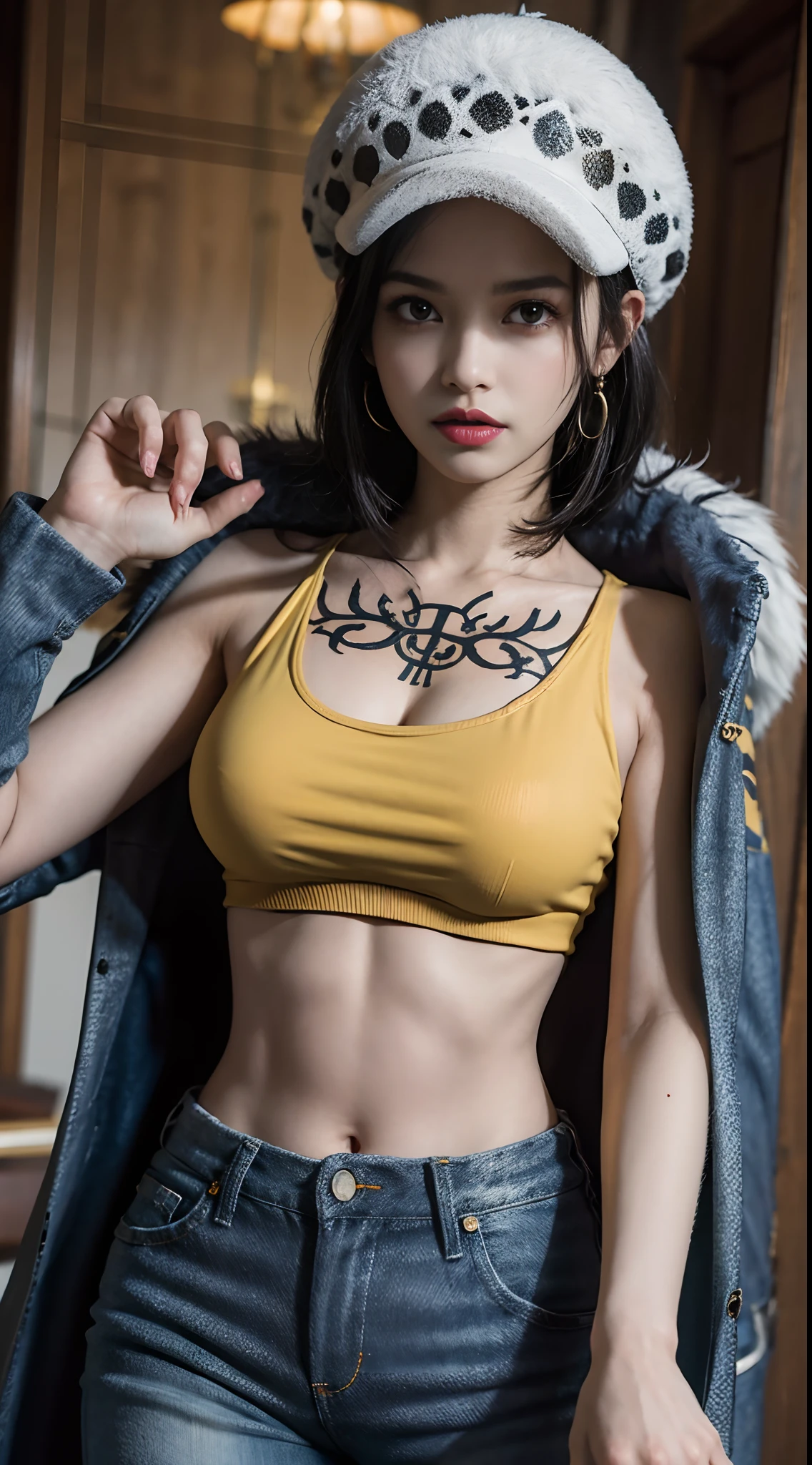 masterpiece, best quality, 8k,highestres, absurdres, extremely detailed, female trafalgar law, solo, looking at viewer, short hair, medium breasts, hat, navel, cleavage, collarbone, earrings, midriff, pants, coat, fur trim, denim, jeans, shoulder tattoo, black fur-trimmed coat, coat on shoulders, yellow tank top,