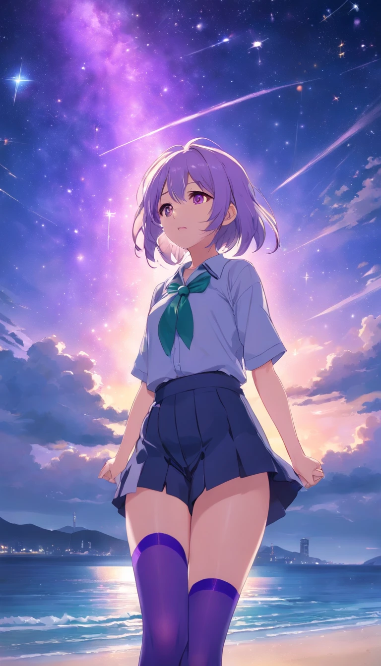 best qualtiy, tmasterpiece, 超高分辨率, realisticlying, 1 girl, long white hair,Heterochromic pupils,see through shirt,(slightly drunken expression),(Stick out your tongue),(winking)(M-legs)Bottoms purple stockings,Dreamy starry sky by the sea,wide angles