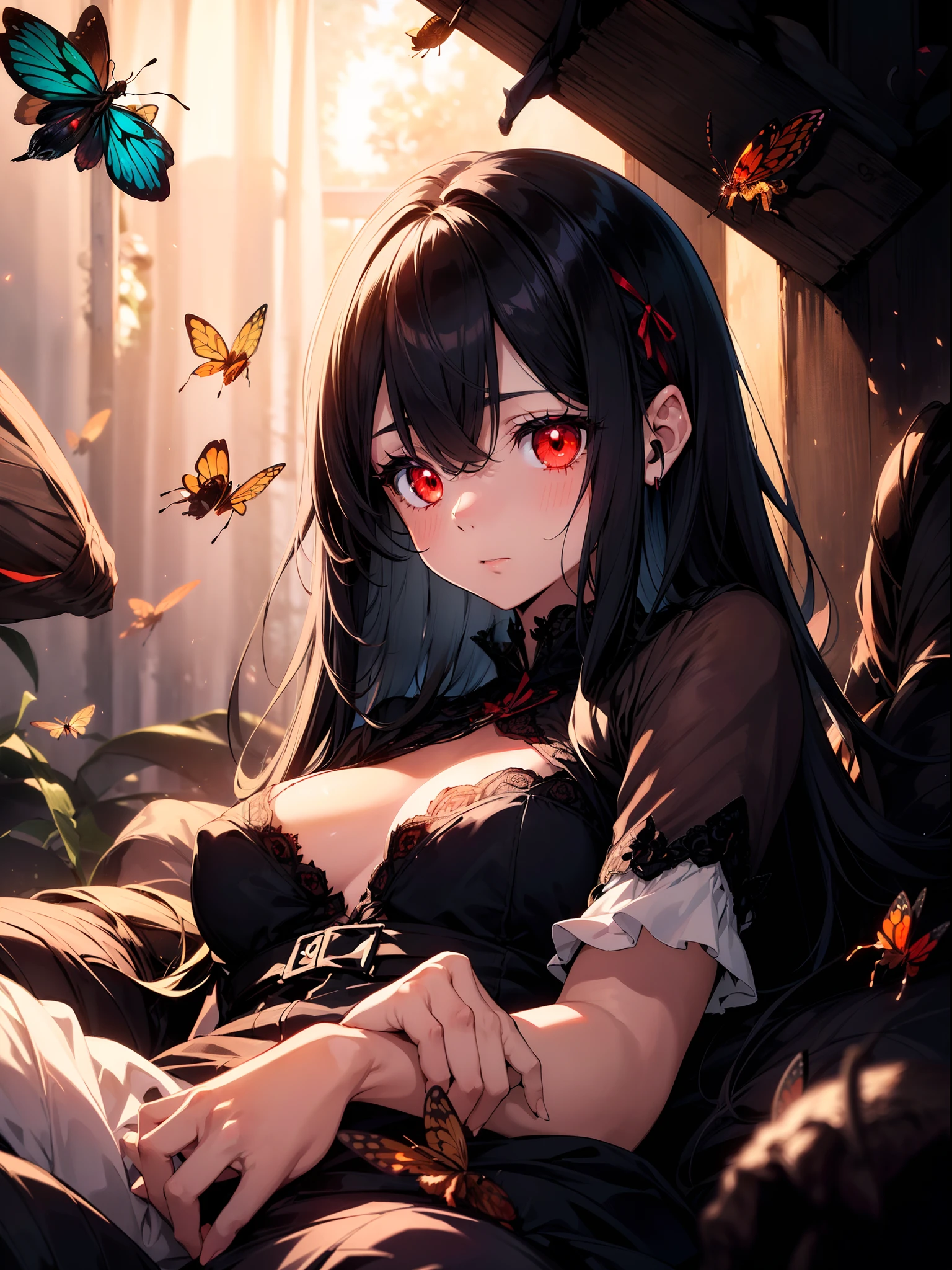 1 girl , (lying surrounded by many bugs), (Faintly emerge from the darkness) ,upper body , ((rape face)) , black long straight hair, hair ribbon , red eyes, glowing eyes, ((horror)) ,((masterpiece)), ((best quality)), ((ultra-detailed)), (illustration), ((an extremely delicate and beautiful))