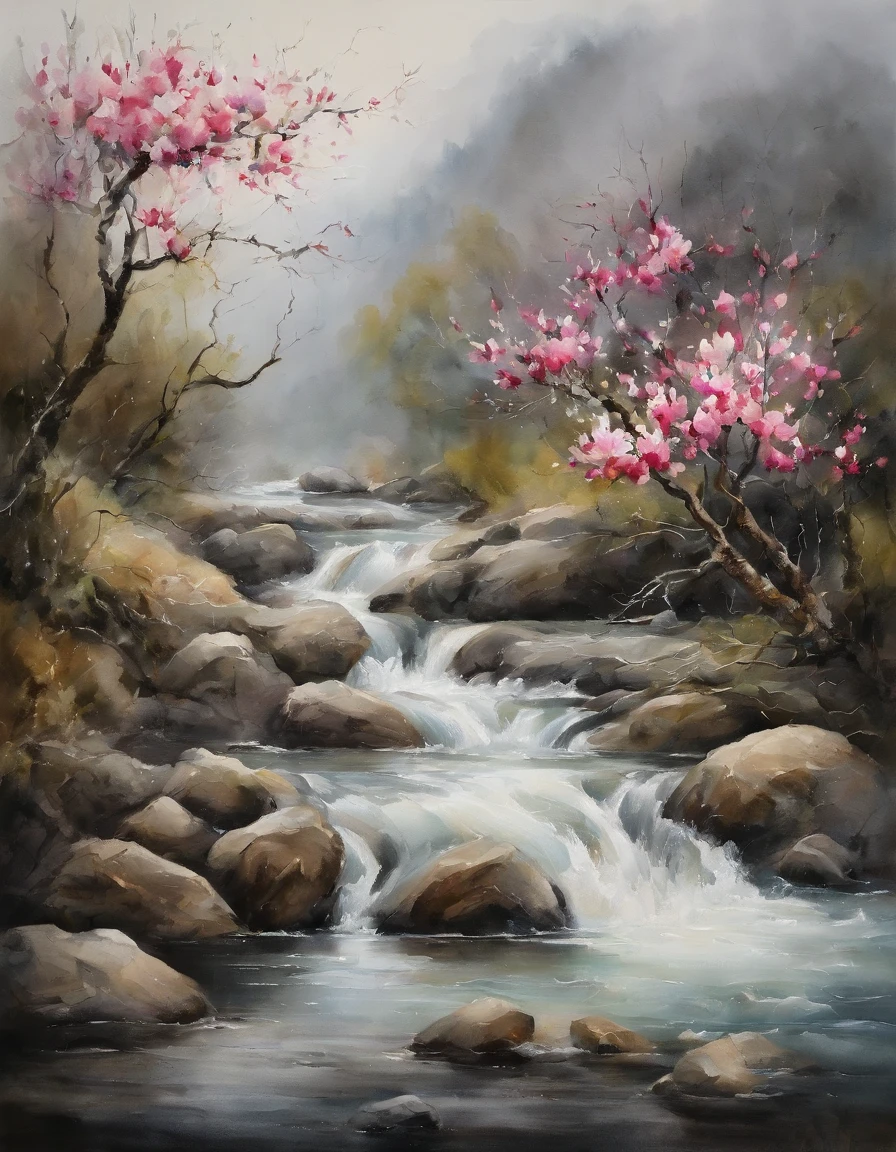 The goddess Magnolia in the stream next to the Zhuang village,Watch the water surge,Floodwaters roll down the wood-rich hillsides,Gray atmosphere,Raging rivers
