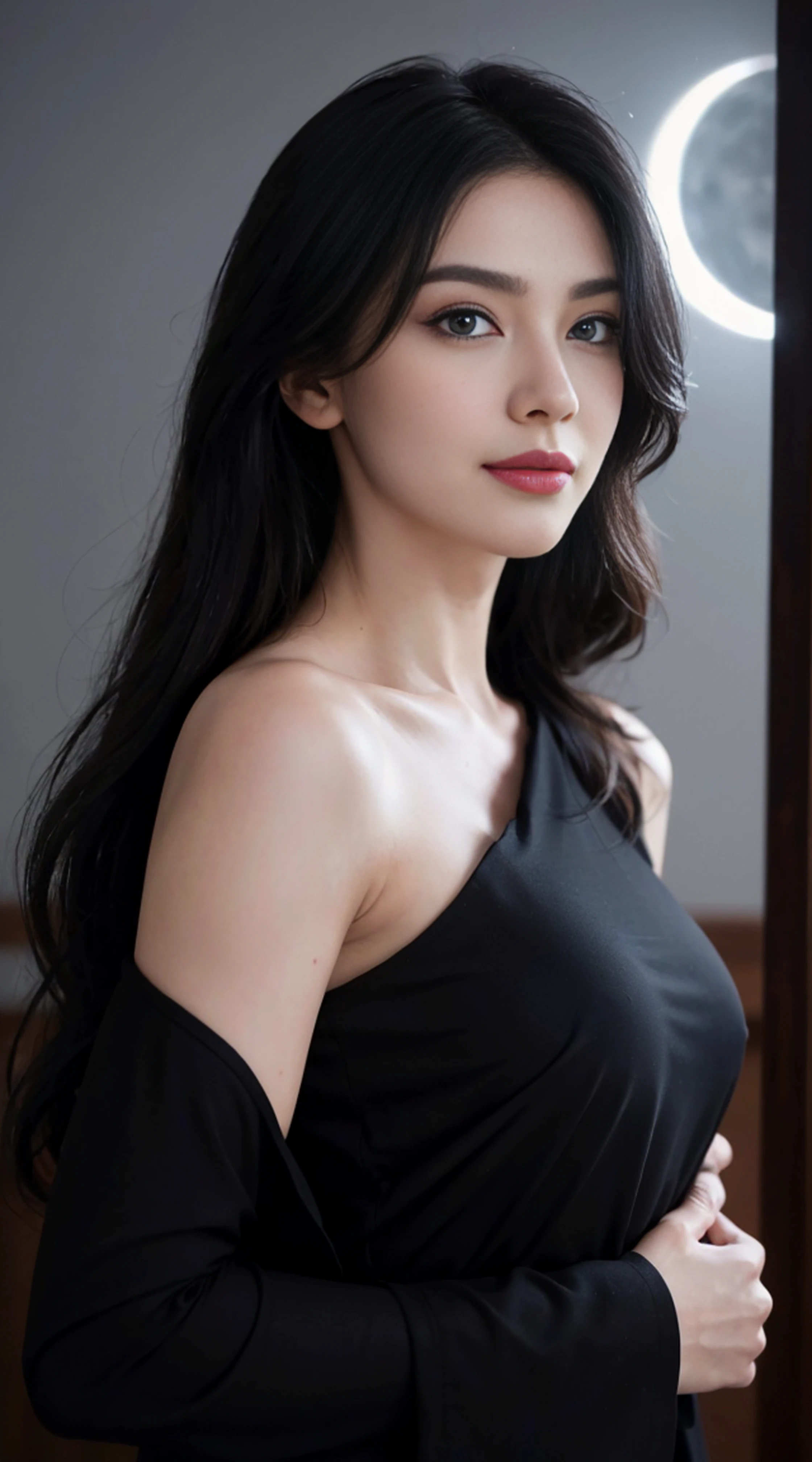 8K, Top Quality, Intricate Details, Ultra Detail, Ultra High Resolution, Masterpiece, random angle, Slender, Smile, (Makeup: 0.4), (Fluffy Blue Eyes: 1.21), blue Eyes, looking at viewer, ((full body)), 1girl, solo, 1 girl, (( full body)), close up shot, , ((tall)), (((fit body))), (((slim face))), sharp face, sharp eyes, (((black hair, long hair, )) , (detailed face), sharp face, small lips, windy ,
(( )), ((abaya)), detailed face, detailed breast, , large breast, detail ass, , Beautiful girl with accentuated slender abs: 1.4, Six Pack Abs: 1.4, Bust Botox, Big, Perfect Body, detail leg, (( moonlight)), top of mountain