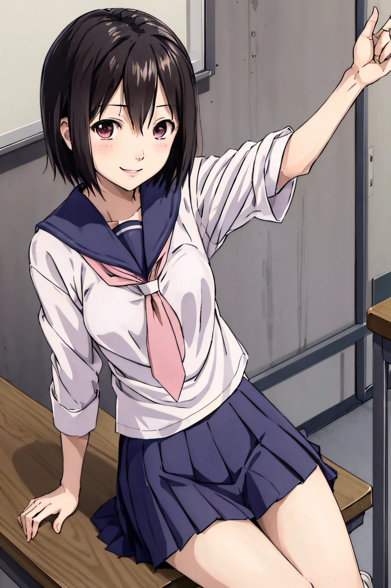 nakahara_misaki、a sailor suit、White blouse、Pink tie、Dark blue pleated skirt、‎Classroom、lonely、The best smile、sitting on、Panties are visible、Waving one hand