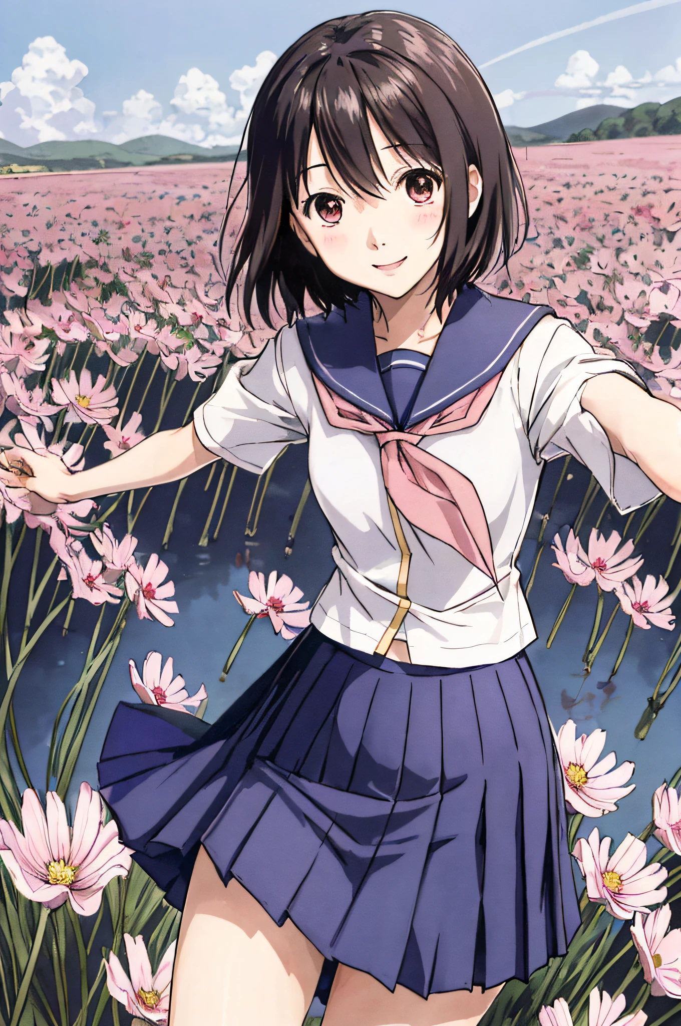 nakahara_misaki、a sailor suit、White blouse、Pink tie、Dark blue pleated skirt、Cosmos Field、lonely、、The best smile、is standing、Panties are visible、Fluttering skirt、a miniskirt、fantastic landscape、strong breeze