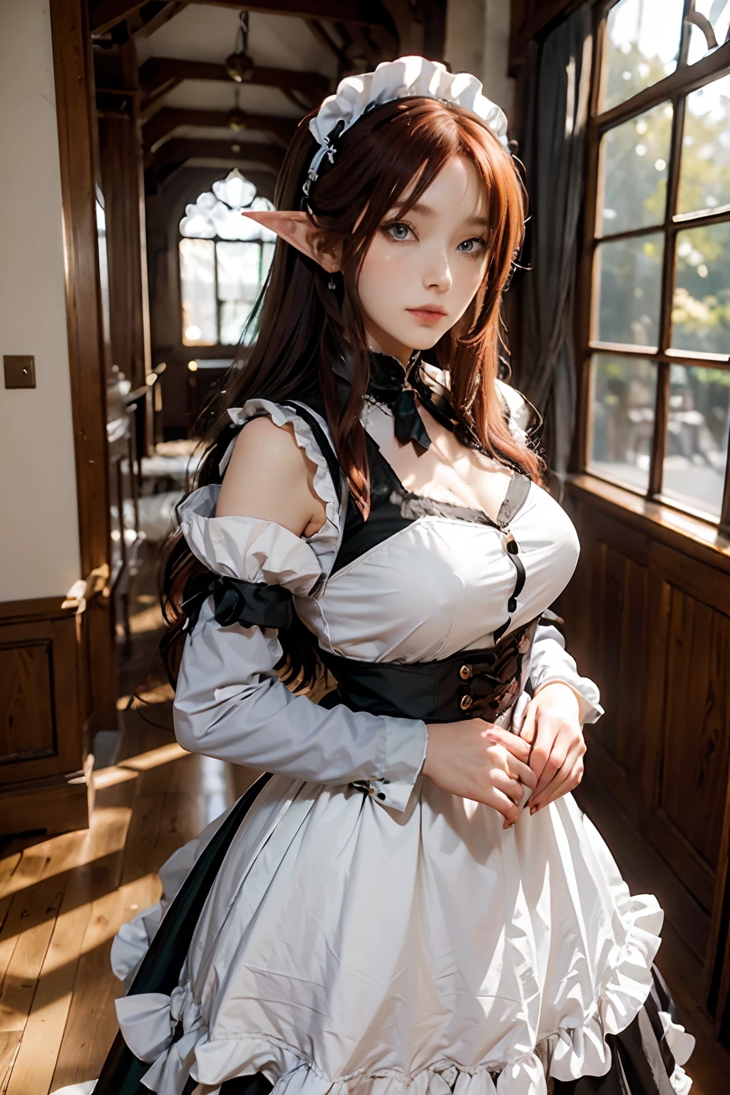 The woman, (European Citizenship: 1.2) In a black and white outfit posing for a photo, maiden! Dress, Anime Girl Cosplay, anime girl in a maid costume, The Magnificent Maiden, maid outfit, cosplay photo, cosplay, anime cosplay, A Few Cute Poses, (Face of the Goddess), (Elegant posture: 1.4), Elegant atmosphere, Noble atmosphere, (Milf: 1.6) (redhead hair: 1.5), (green colored eyes: 1.4), (maidservant: 1.4), (Black and White Maid Outfit: 1.1), (Incredible beauty, High facial detail:1.3), (elegant, elongated, pointy elf ears: 1.5), (Graceful Elf: 1.4)