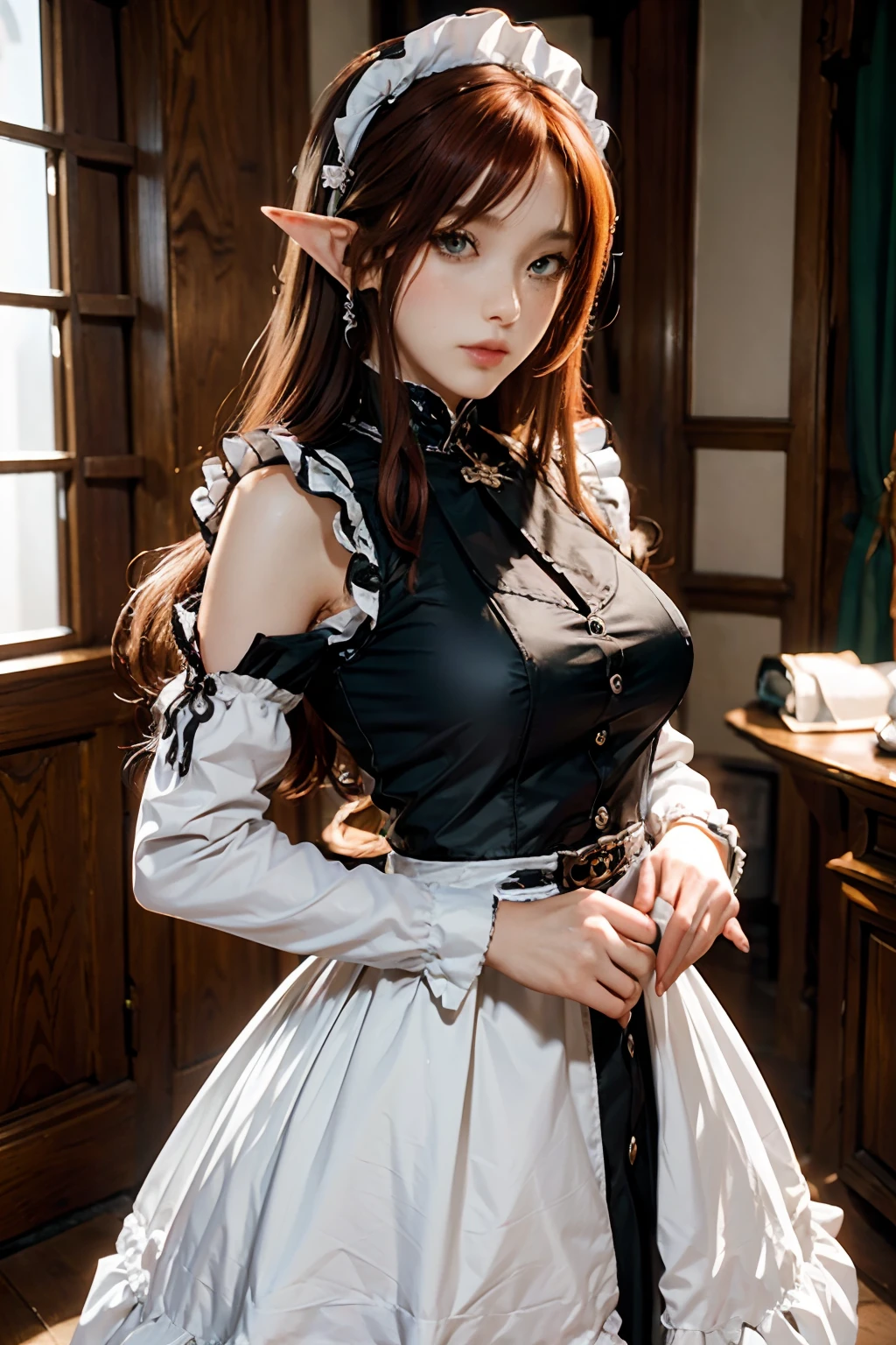 The woman, (European Citizenship: 1.2) In a black and white outfit posing for a photo, maiden! Dress, Anime Girl Cosplay, anime girl in a maid costume, The Magnificent Maiden, maid outfit, cosplay photo, cosplay, anime cosplay, A Few Cute Poses, (Face of the Goddess), (Elegant posture: 1.4), Elegant atmosphere, Noble atmosphere, (Milf: 1.6) (redhead hair: 1.5), (green colored eyes: 1.4), (maidservant: 1.4), (Black and White Maid Outfit: 1.1), (Incredible beauty, High facial detail:1.3), (elegant, elongated, pointy elf ears: 1.5), (Graceful Elf: 1.4)