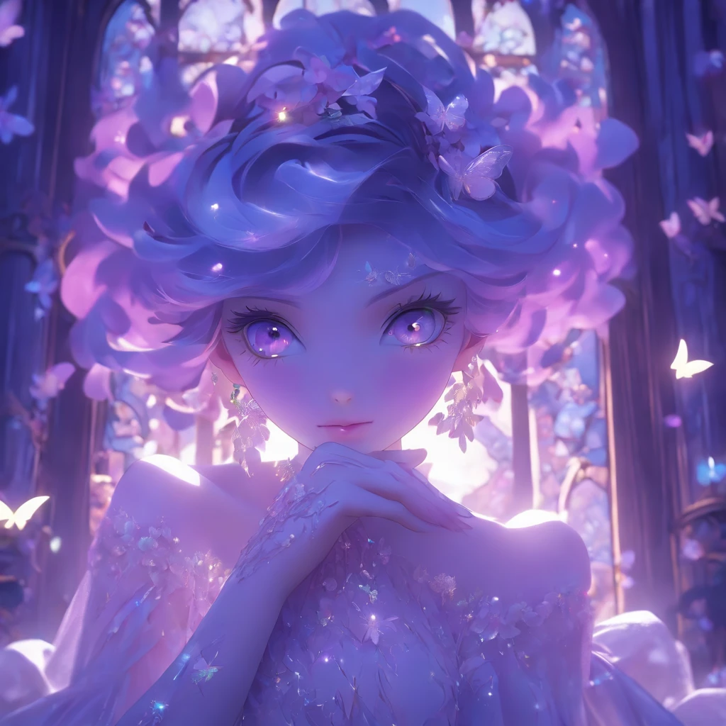 New Purple Crystal Wedding Dresses、Filled with multi-layer tulle, European style white patterned marble background wall, Fairytale palace style, and oversized skirts. The neckline and cuffs are decorated with openwork lace elements and jewelry, And the skirt is covered with luxurious flowers and butterflies. Fantasy, Surreal, hard disk, super detailed, Realistic, High pixel, Octane Rendering, Cinematic lighting big eye