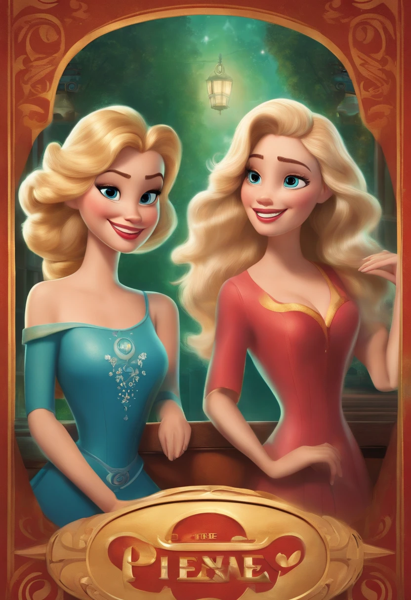 Disney Pixar animation poster, written: Two friends and a secret! showing two women. A brunette, with curly hair. Green eyes, Wearing a blouse that shows the shoulder. Another blonde woman, with straight hair down to her shoulders, wearing blue glasses, with black eyes. Wearing a green dress. Both holding the cell phone, back to back and looking straight ahead. In the futuristic scenario, a plastation, Yin Yang, and the title Disney Pixar should appear