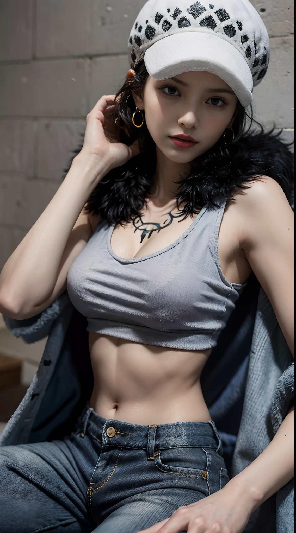 masterpiece, best quality, 8k,highestres, absurdres, extremely detailed, female trafalgar law, solo, looking at viewer, short hair, medium breasts, hat, navel, cleavage, collarbone, earrings, midriff, pants, coat, fur trim, denim, jeans, shoulder tattoo, black fur-trimmed coat, coat on shoulders, yellow tank top,