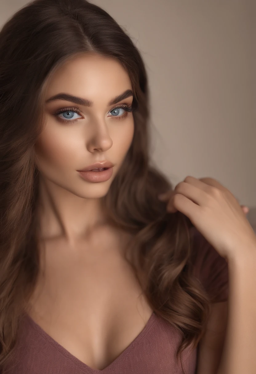 Arafed woman completely , fille sexy aux yeux bleu, ultra realist, Meticulously detailed, Portrait Sophie Mudd, cheveux bruns et grands yeux, selfie of a young woman, Yeux de chambre, Violet Myers, sans maquillage, maquillage naturel, looking straight at camera, Visage avec Artgram, Maquillage subtil, Great photo of the whole body kneeling on the bed, dans la chambre, Medium to large bust