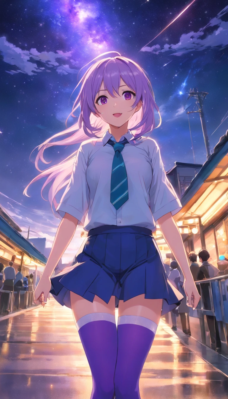 best qualtiy， tmasterpiece， 超高分辨率， realisticlying， 1 girl， long  white hair，Heterochromic pupils，see-through shirts，（slightly drunken expression），（Stick out your tongue），（winking）（M-legs）Bottoms purple stockings，Fantastic starry sky by the sea，wide angles